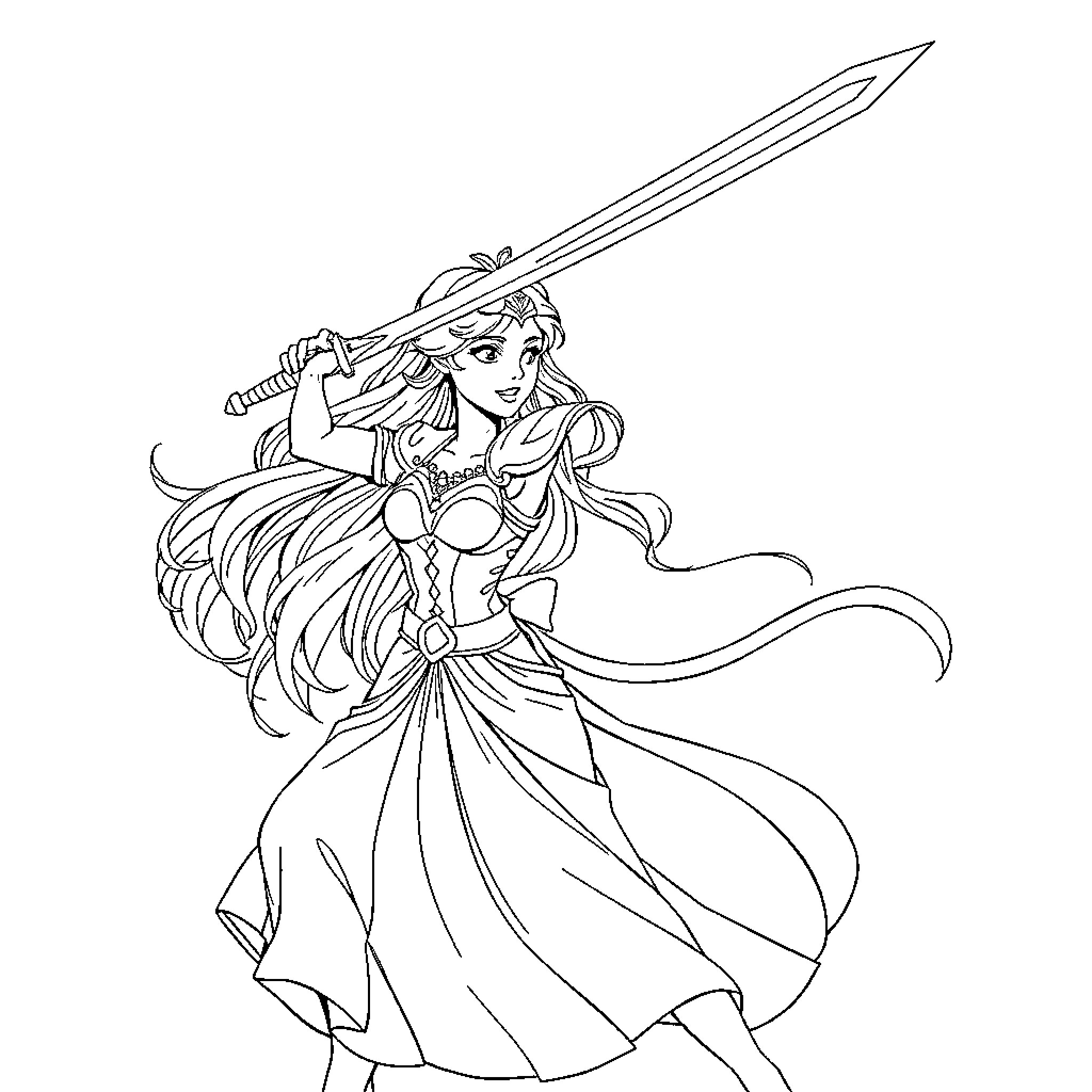 Princess Wielding a Mighty Sword Coloring Page (free black-and-white line drawing printable PDF for all, from beginners to advanced learners, including children, teens, adults, and seniors)
