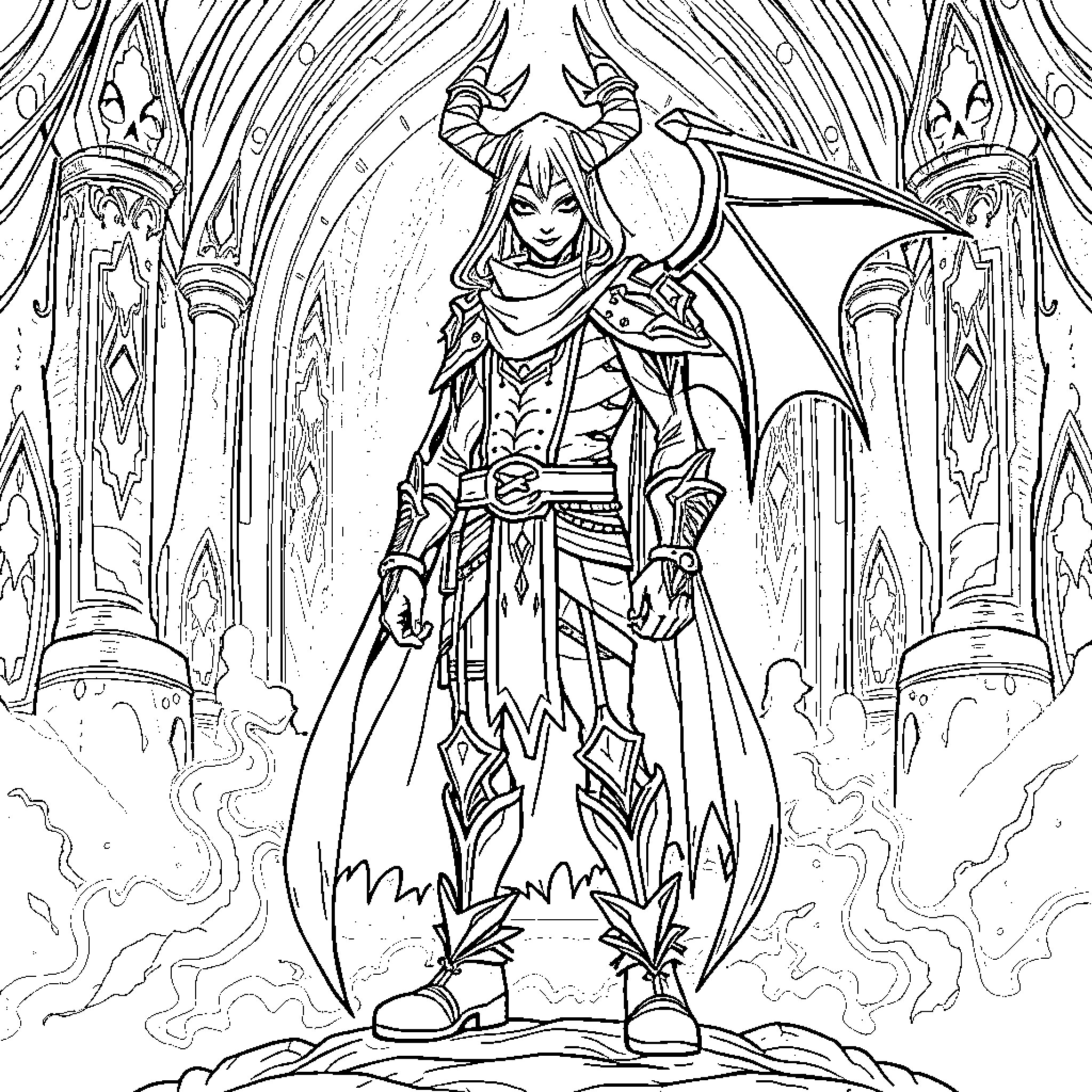 Rumi the Fearsome Demon Lord in Fiery Castle Coloring Page (free black-and-white line drawing printable PDF for all, from beginners to advanced learners, including children, teens, adults, and seniors)