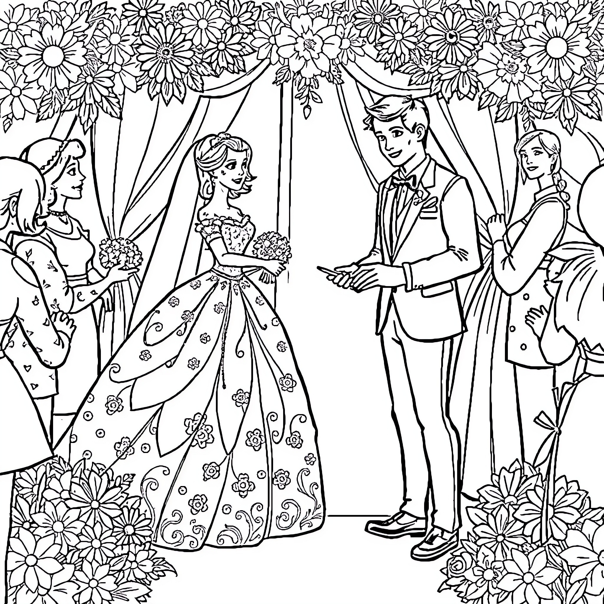 Princess's Grand Wedding Celebration with Elegant Attire Coloring Page (free black-and-white line drawing printable PDF for all, from beginners to advanced learners, including children, teens, adults, and seniors)