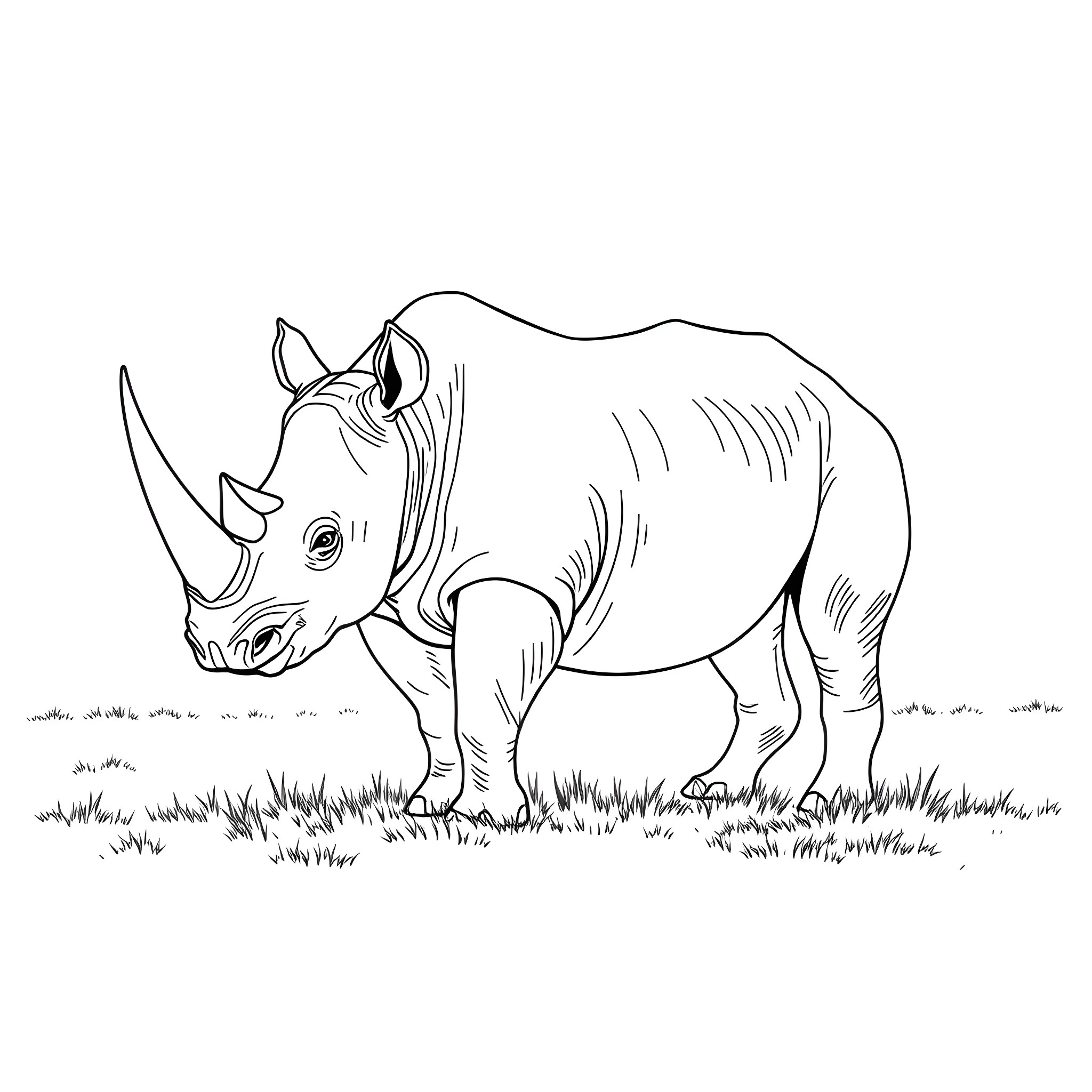Rhinoceros standing in tall grass Coloring Page (free black-and-white line drawing printable PDF for all, from beginners to advanced learners, including children, teens, adults, and seniors)