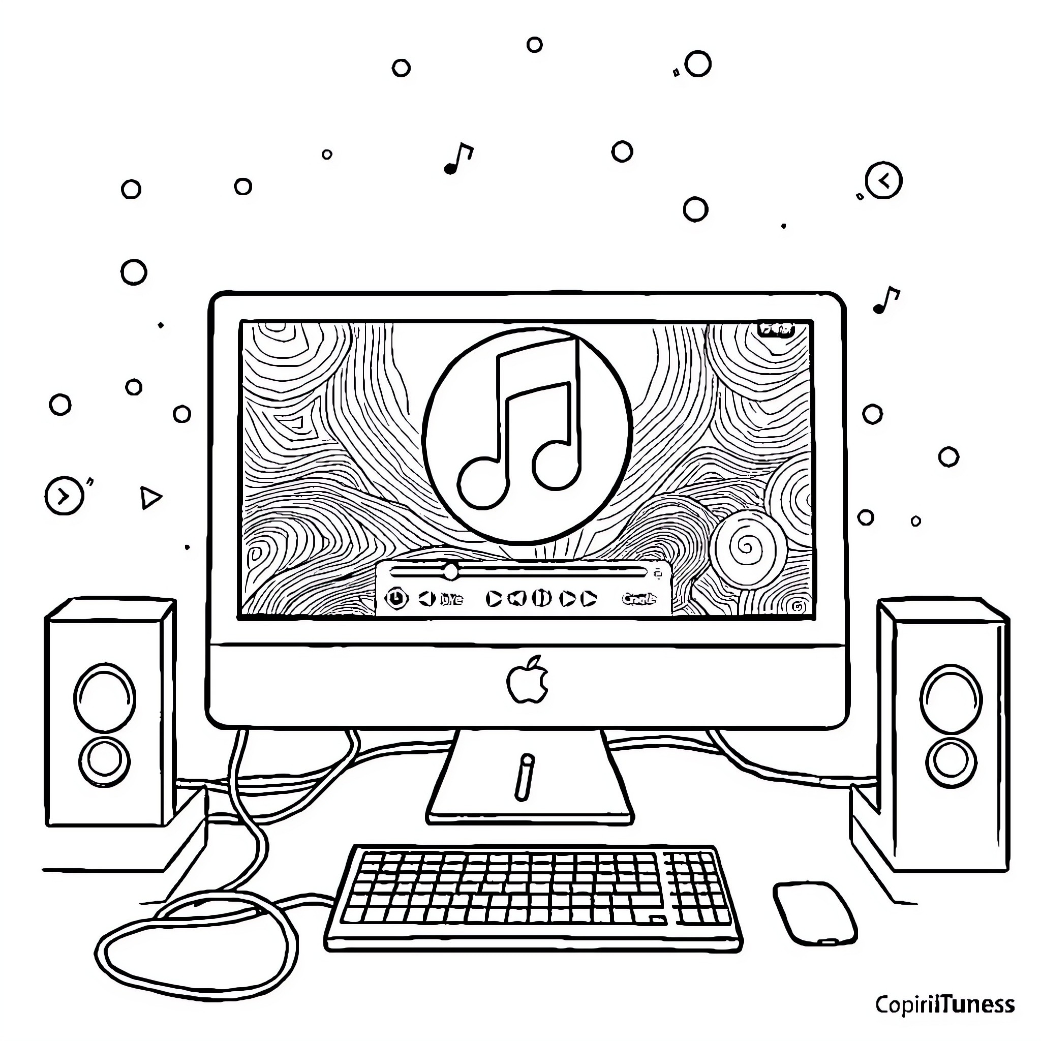iTunes music player on desktop computer Coloring Page (free black-and-white line drawing printable PDF for all, from beginners to advanced learners, including children, teens, adults, and seniors)