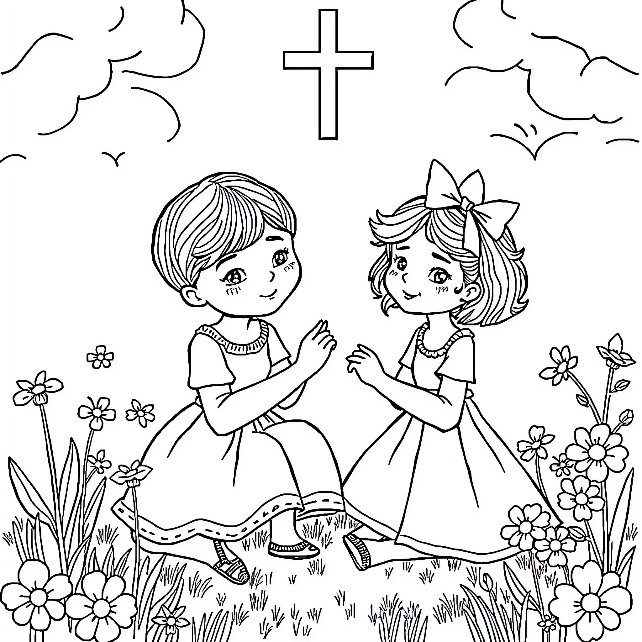 Book of Children Praying in Nature Coloring Page (free black-and-white line drawing printable PDF for all, from beginners to advanced learners, including children, teens, adults, and seniors)