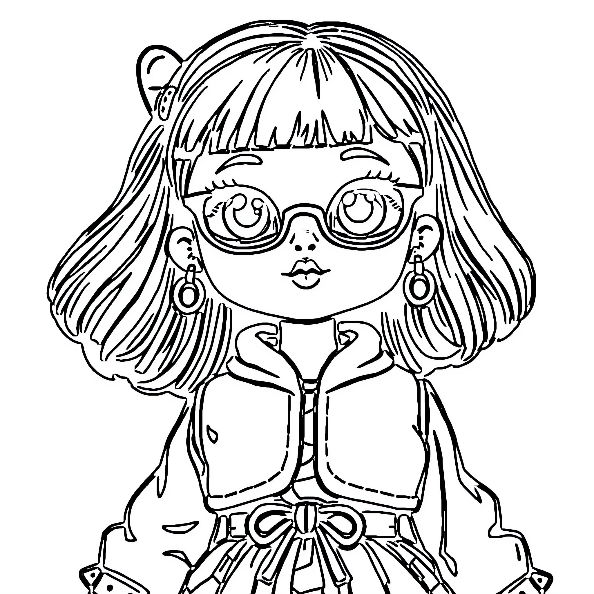 Doll with unique outfit and accessories Coloring Page (free black-and-white line drawing printable PDF for all, from beginners to advanced learners, including children, teens, adults, and seniors)