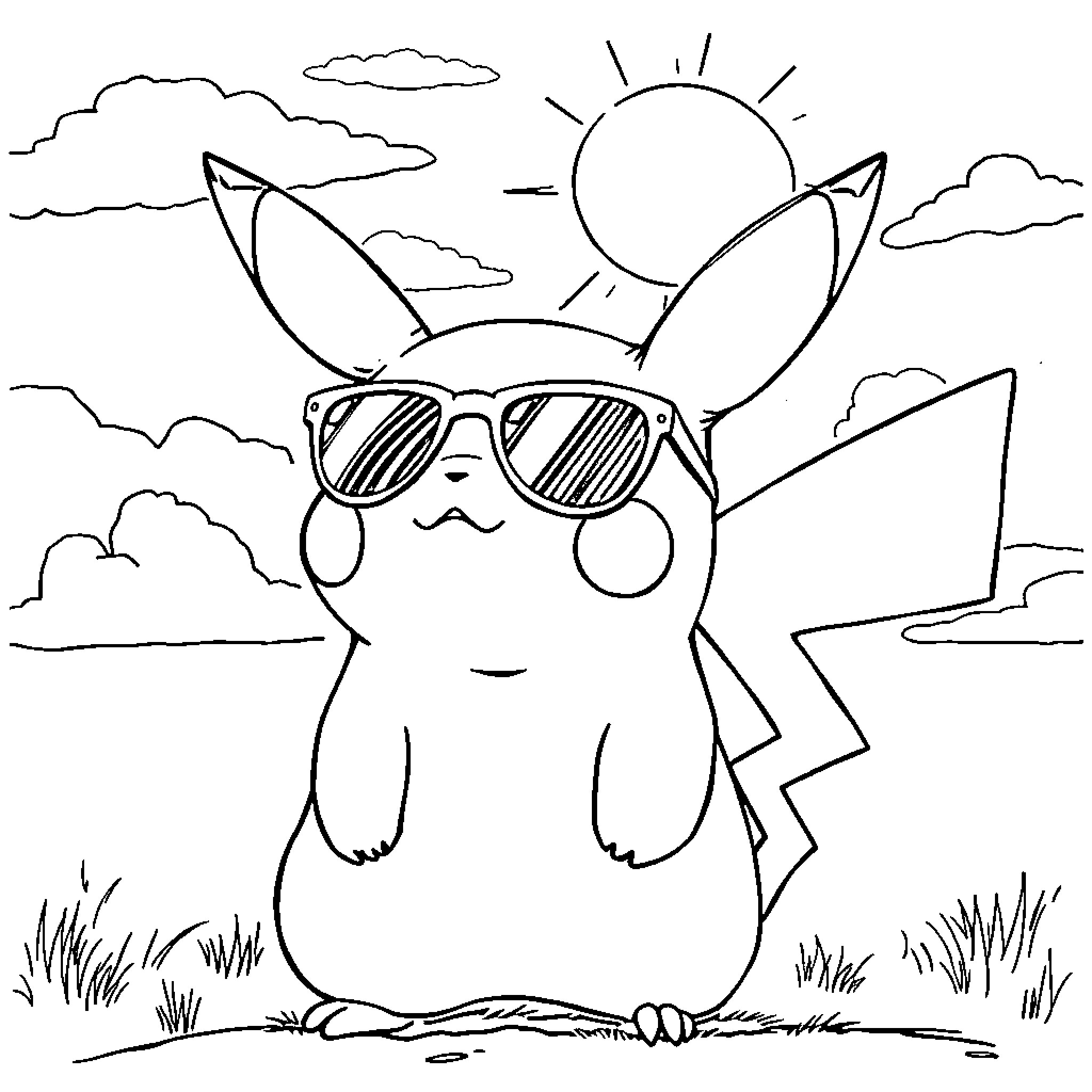 Pikachu enjoying the sunny day in sunglasses Coloring Page (free black-and-white line drawing printable PDF for all, from beginners to advanced learners, including children, teens, adults, and seniors)