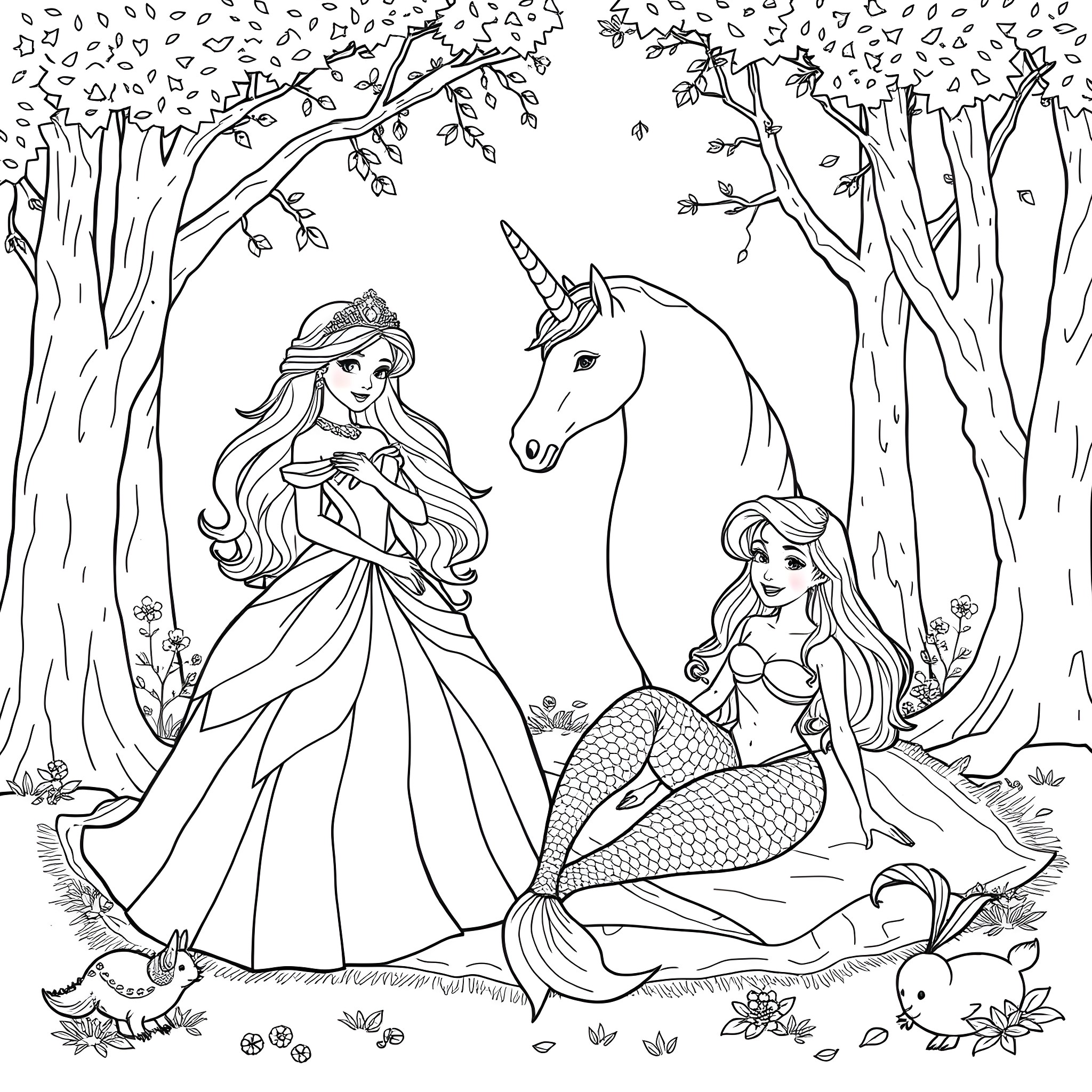 Princess and Unicorn in Enchanted Forest Coloring Page (free black-and-white line drawing printable PDF for all, from beginners to advanced learners, including children, teens, adults, and seniors)