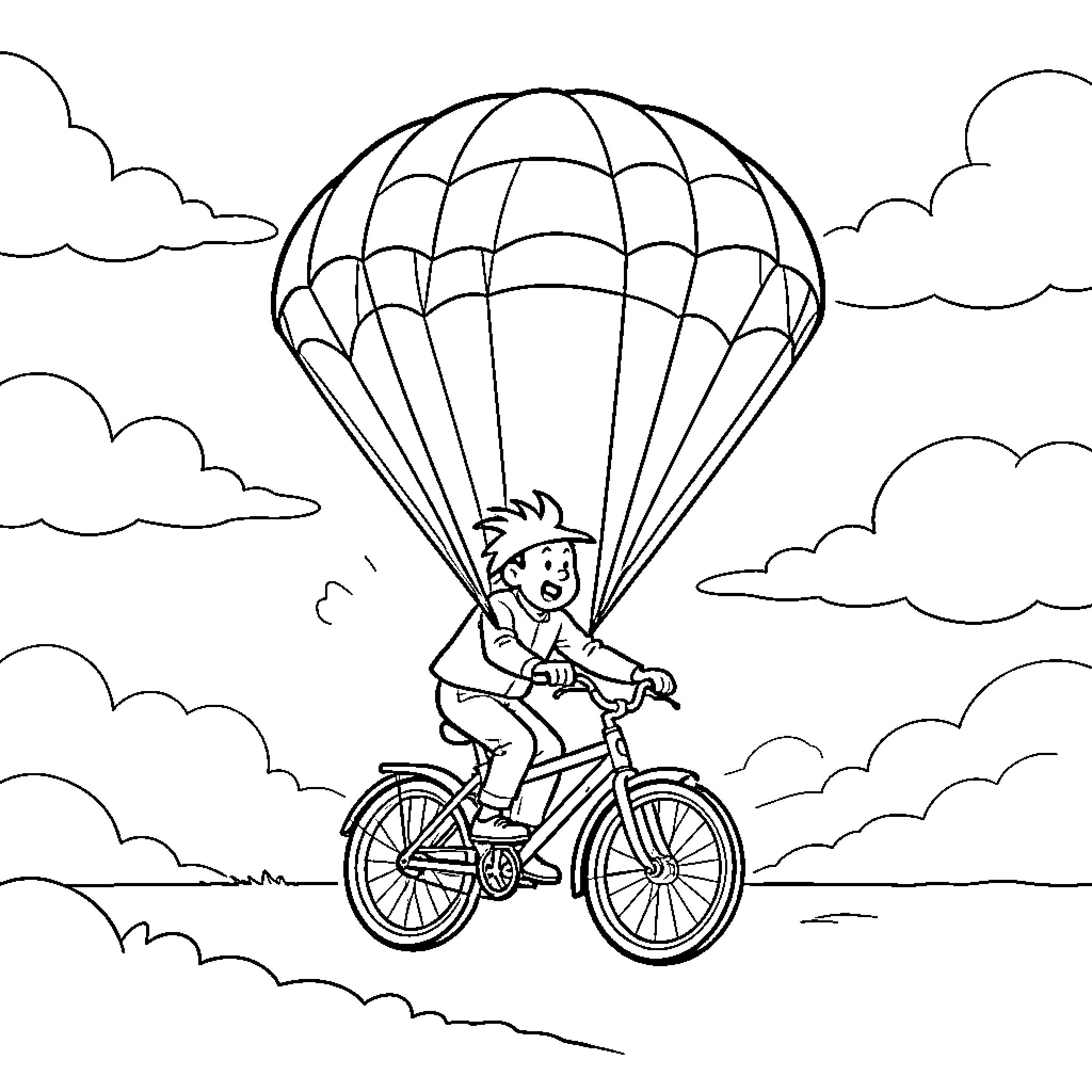 Tintin riding a bicycle attached to a large parachute Coloring Page (free black-and-white line drawing printable PDF for all, from beginners to advanced learners, including children, teens, adults, and seniors)
