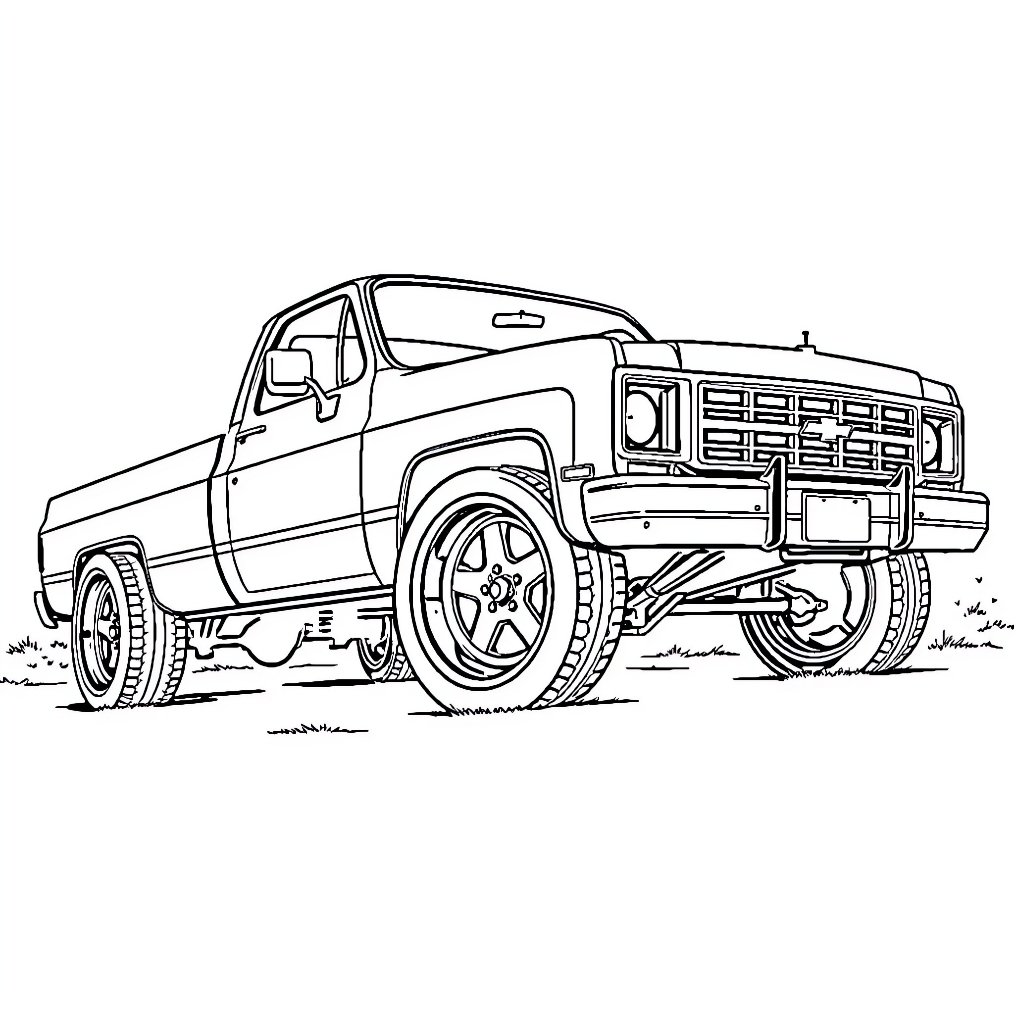 Chevy Pickup Truck on Rugged Terrain Coloring Page (free black-and-white line drawing printable PDF for all, from beginners to advanced learners, including children, teens, adults, and seniors)