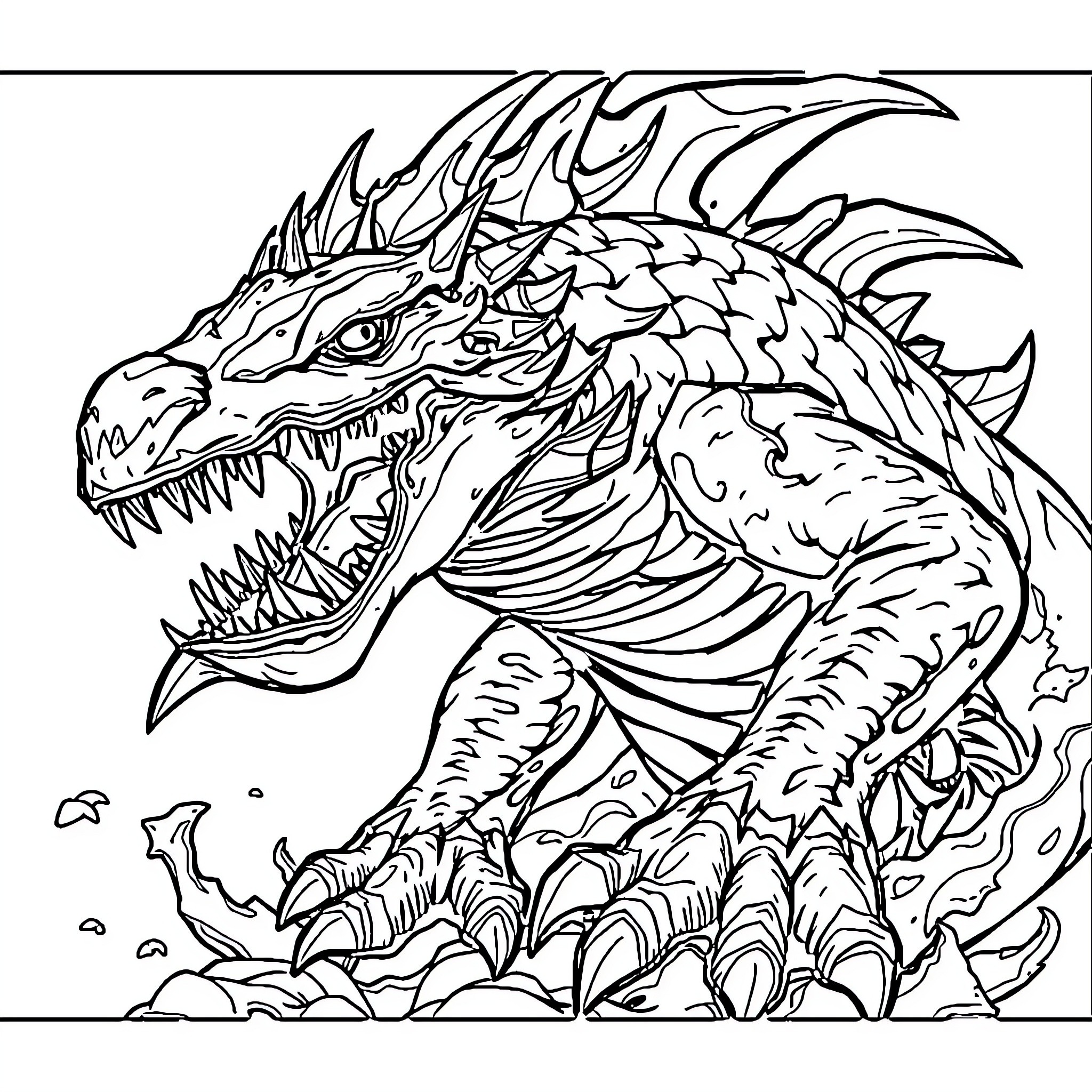 Aquatic Monster Emerging from the Depths Coloring Page (free black-and-white line drawing printable PDF for all, from beginners to advanced learners, including children, teens, adults, and seniors)