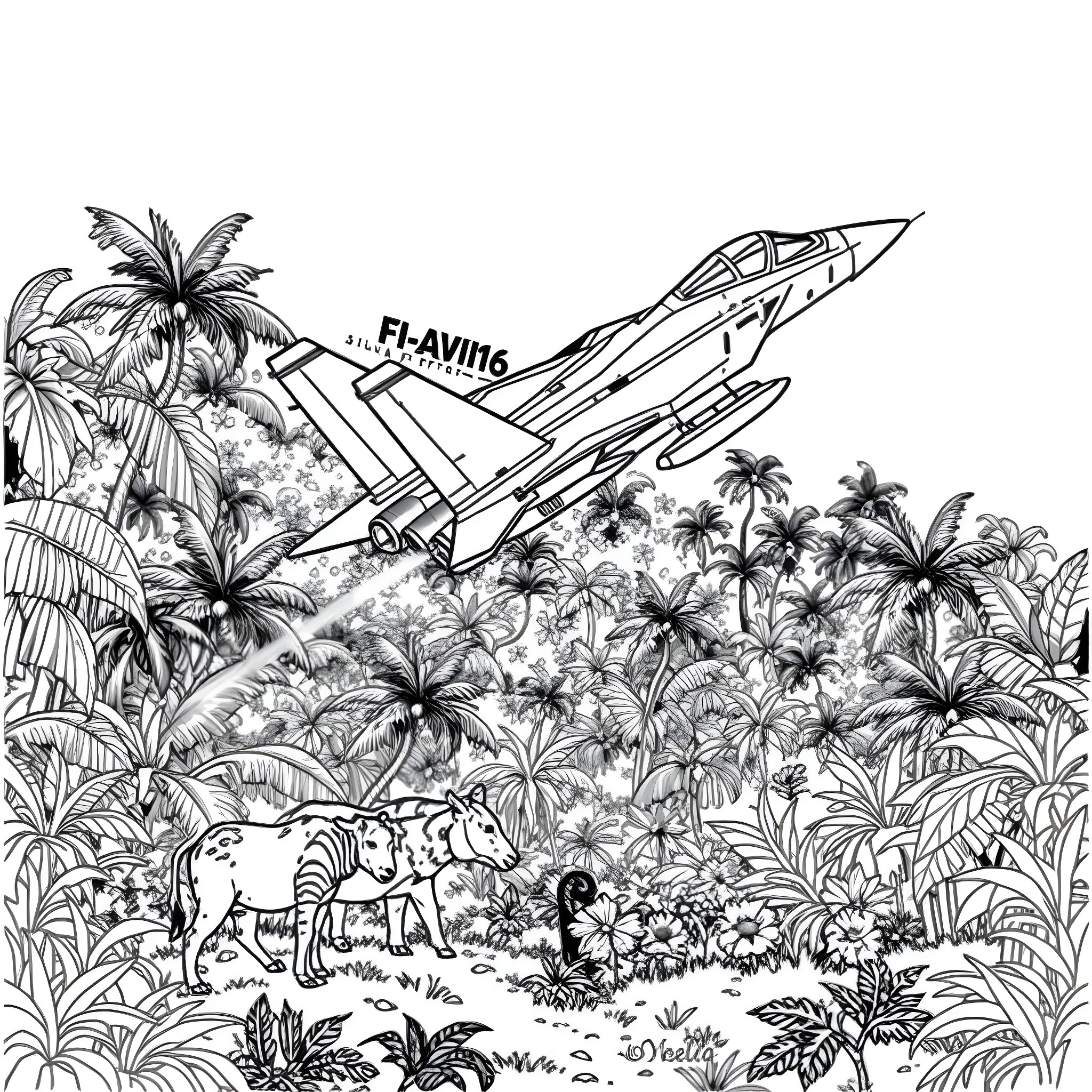Eagle soaring over tropical jungle with military aircraft Coloring Page (free black-and-white line drawing printable PDF for all, from beginners to advanced learners, including children, teens, adults, and seniors)
