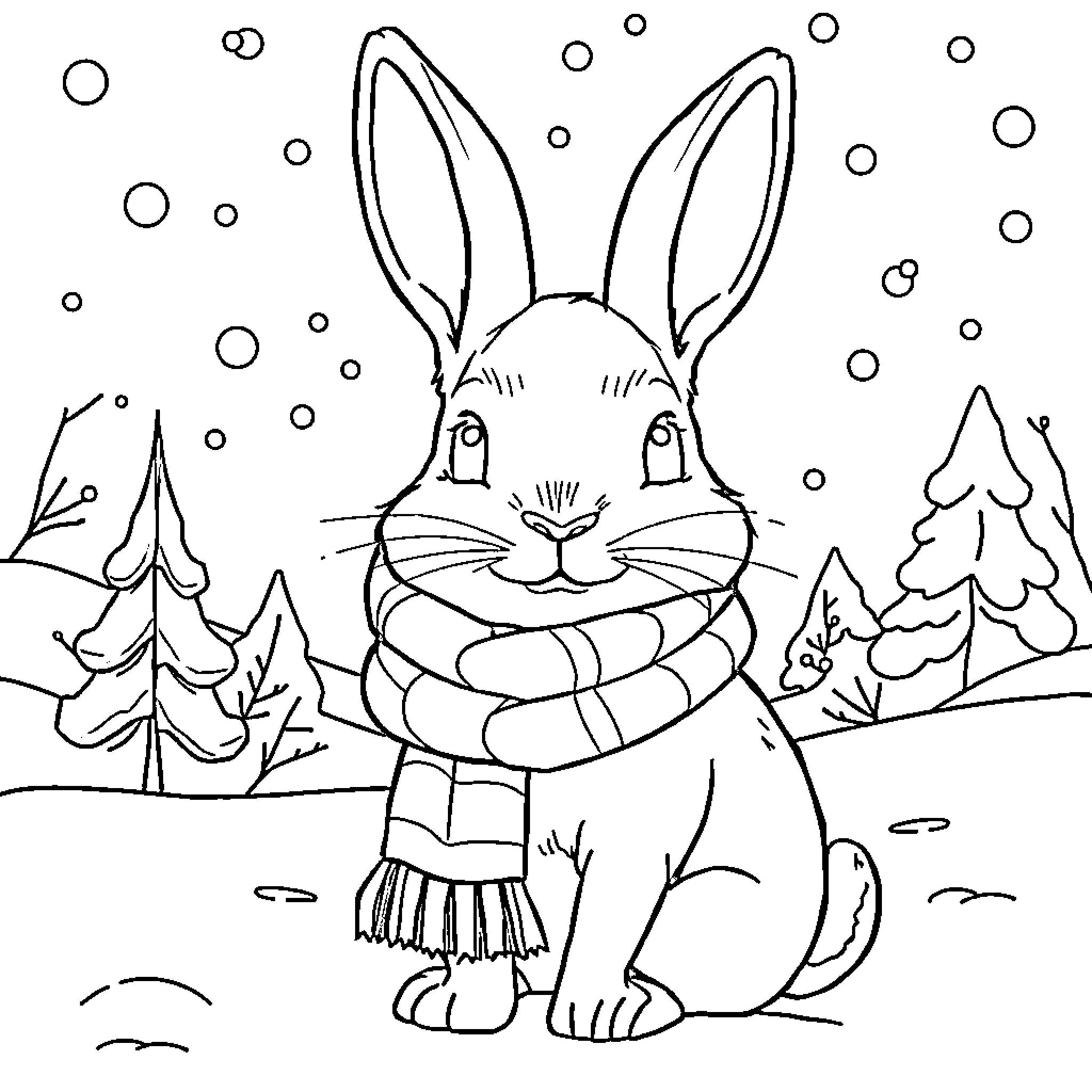 Rabbit enjoying a snowy winter scene Coloring Page (free black-and-white line drawing printable PDF for all, from beginners to advanced learners, including children, teens, adults, and seniors)