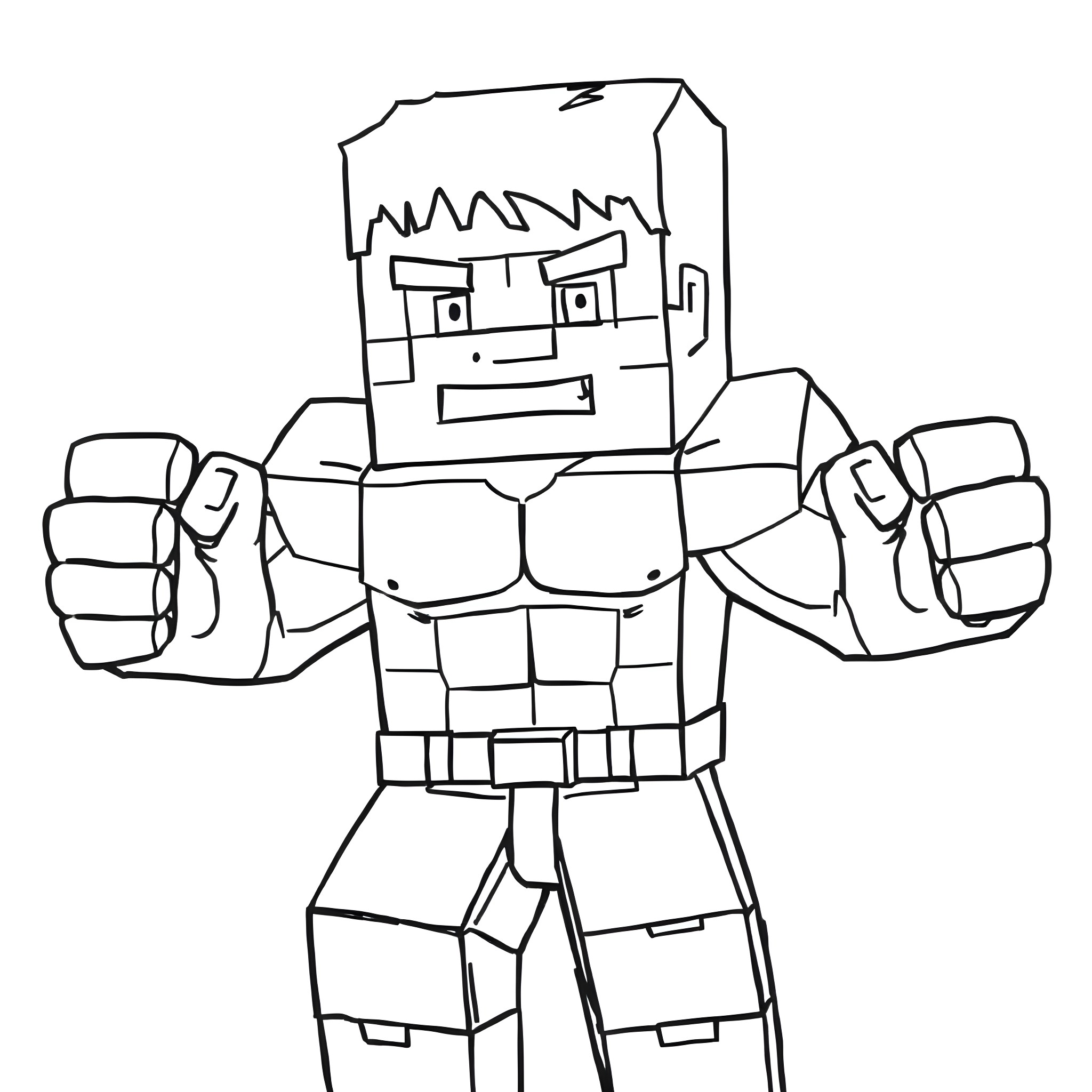 Steve's Heroic Pose in Black and White Coloring Page (free black-and-white line drawing printable PDF for all, from beginners to advanced learners, including children, teens, adults, and seniors)