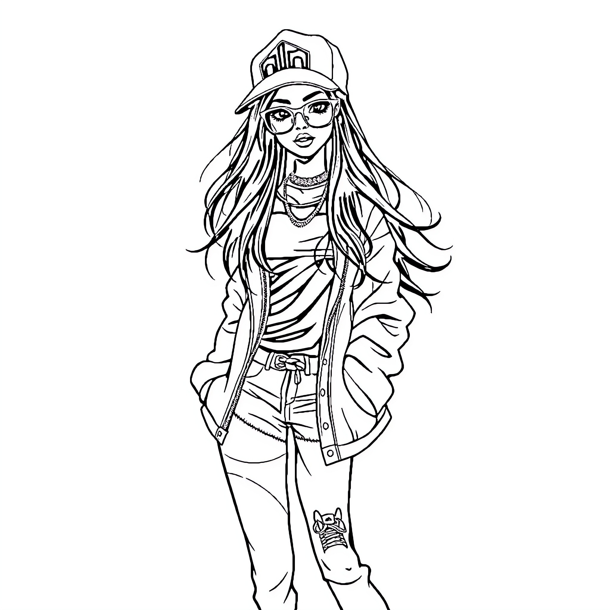 Hip Hop Girl in Stylish Outfit and Accessories Coloring Page (free black-and-white line drawing printable PDF for all, from beginners to advanced learners, including children, teens, adults, and seniors)