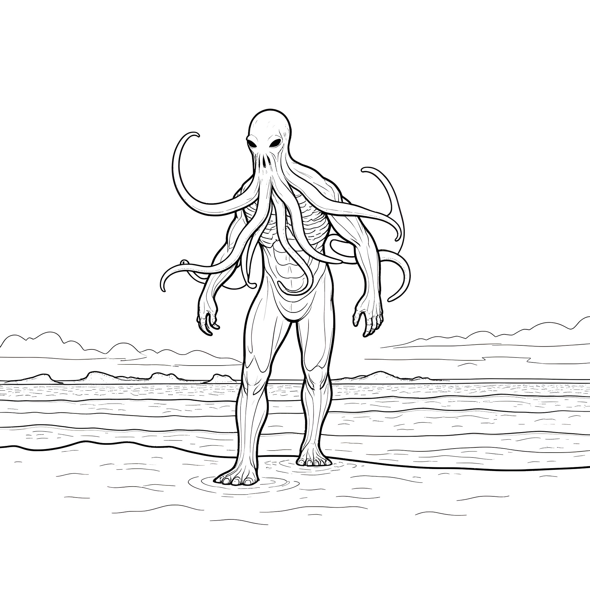 Cthulhu emerging from the depths Coloring Page (free black-and-white line drawing printable PDF for all, from beginners to advanced learners, including children, teens, adults, and seniors)