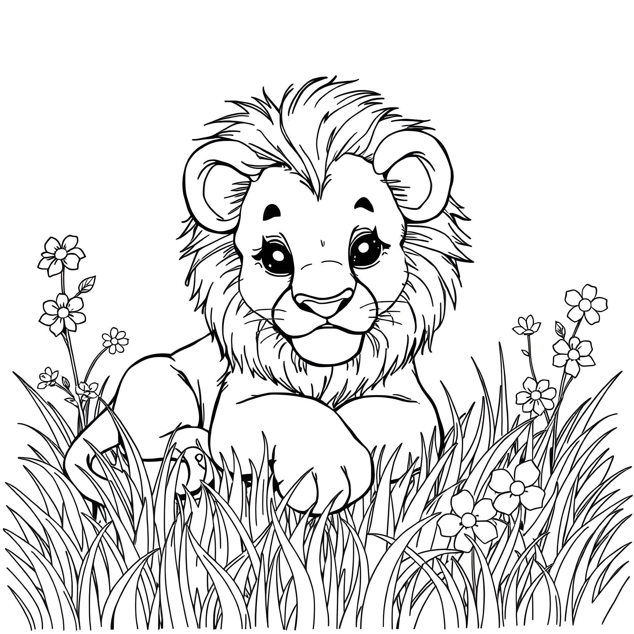 Lion cub relaxing in the floral meadow Coloring Page (free black-and-white line drawing printable PDF for all, from beginners to advanced learners, including children, teens, adults, and seniors)