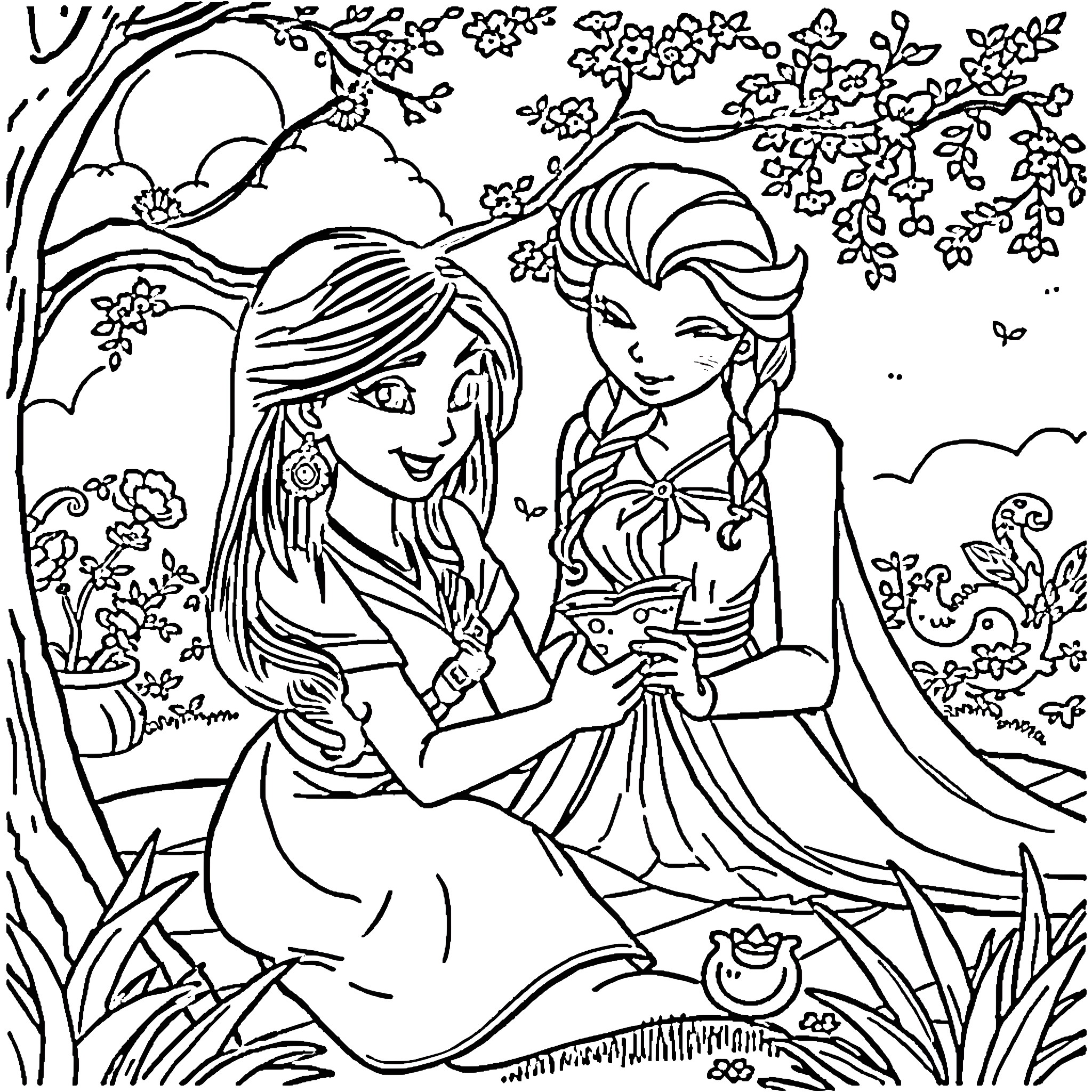 Mulan and Elsa in a Magical Forest Coloring Page (free black-and-white line drawing printable PDF for all, from beginners to advanced learners, including children, teens, adults, and seniors)