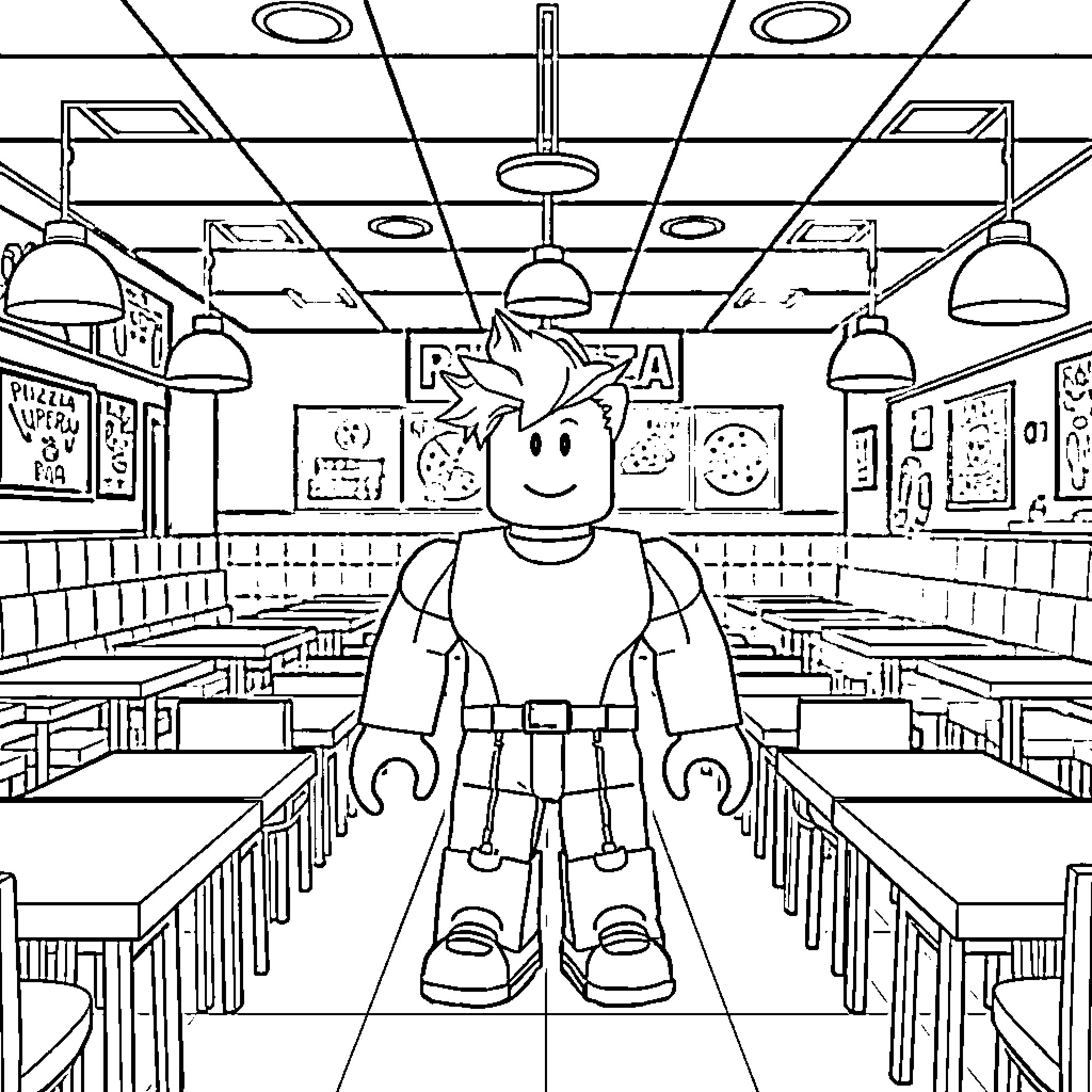 Roblox Character in a Casual Dining Setting Coloring Page (free black-and-white line drawing printable PDF for all, from beginners to advanced learners, including children, teens, adults, and seniors)