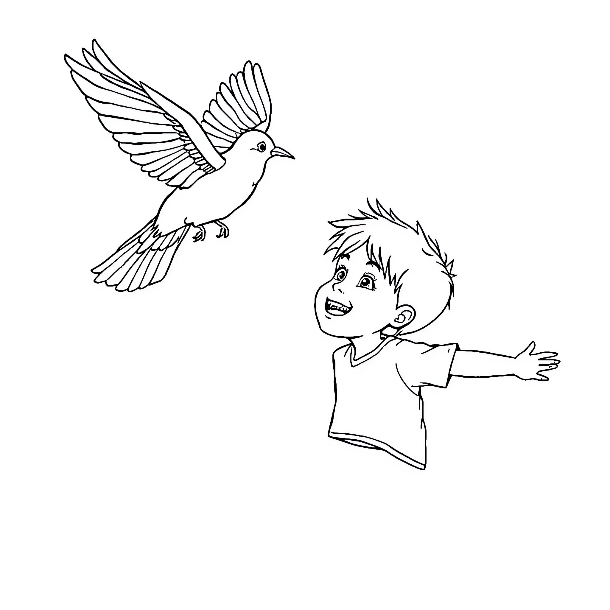 Boy watching a bird taking flight Coloring Page (free black-and-white line drawing printable PDF for all, from beginners to advanced learners, including children, teens, adults, and seniors)