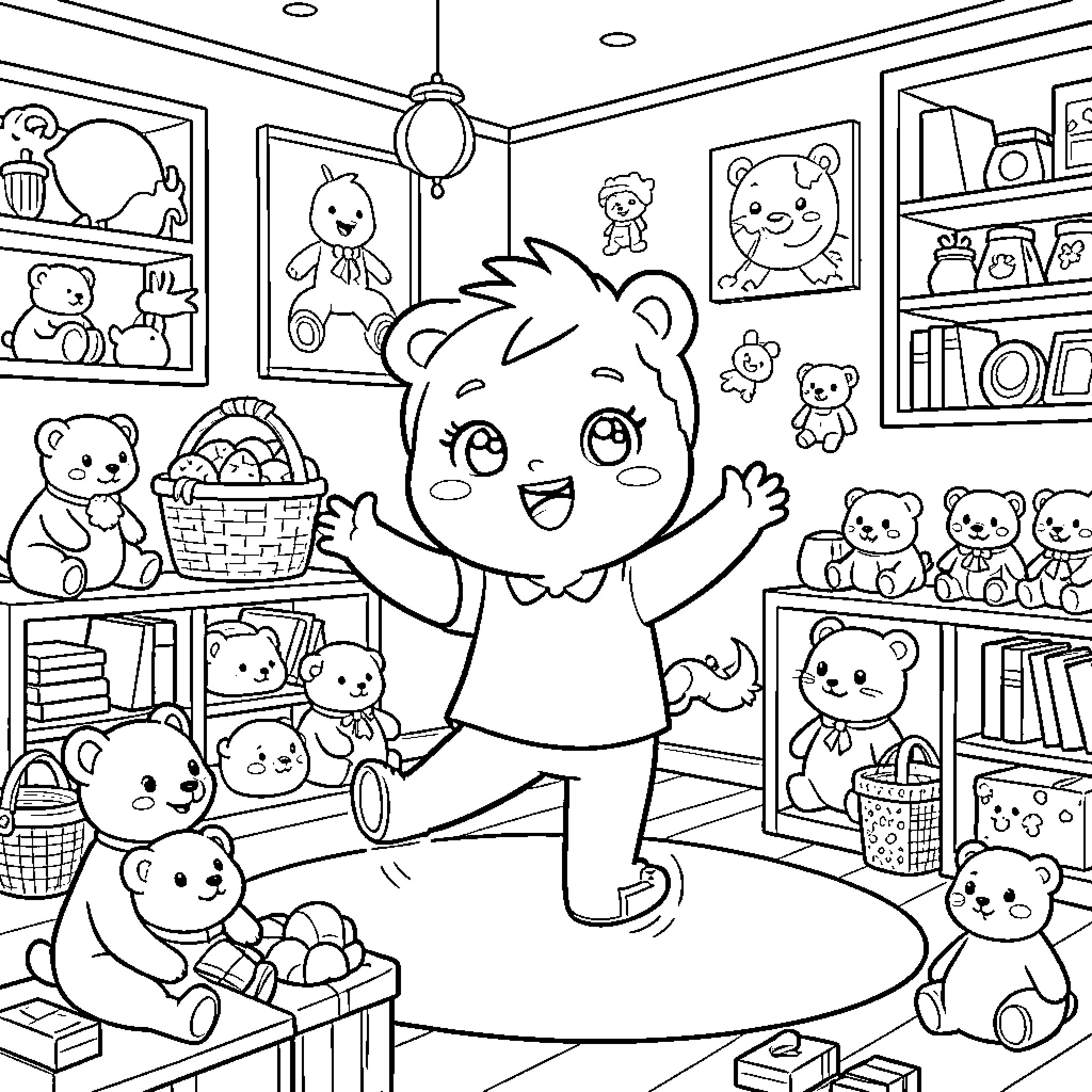 Teenie Ping's Exciting Teddy Bear Adventure Coloring Page (free black-and-white line drawing printable PDF for all, from beginners to advanced learners, including children, teens, adults, and seniors)