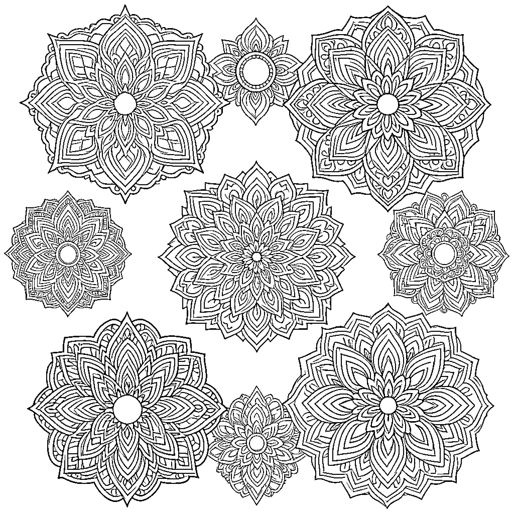 Mandalas featuring intricate floral and geometric patterns Coloring Page (free black-and-white line drawing printable PDF for all, from beginners to advanced learners, including children, teens, adults, and seniors)