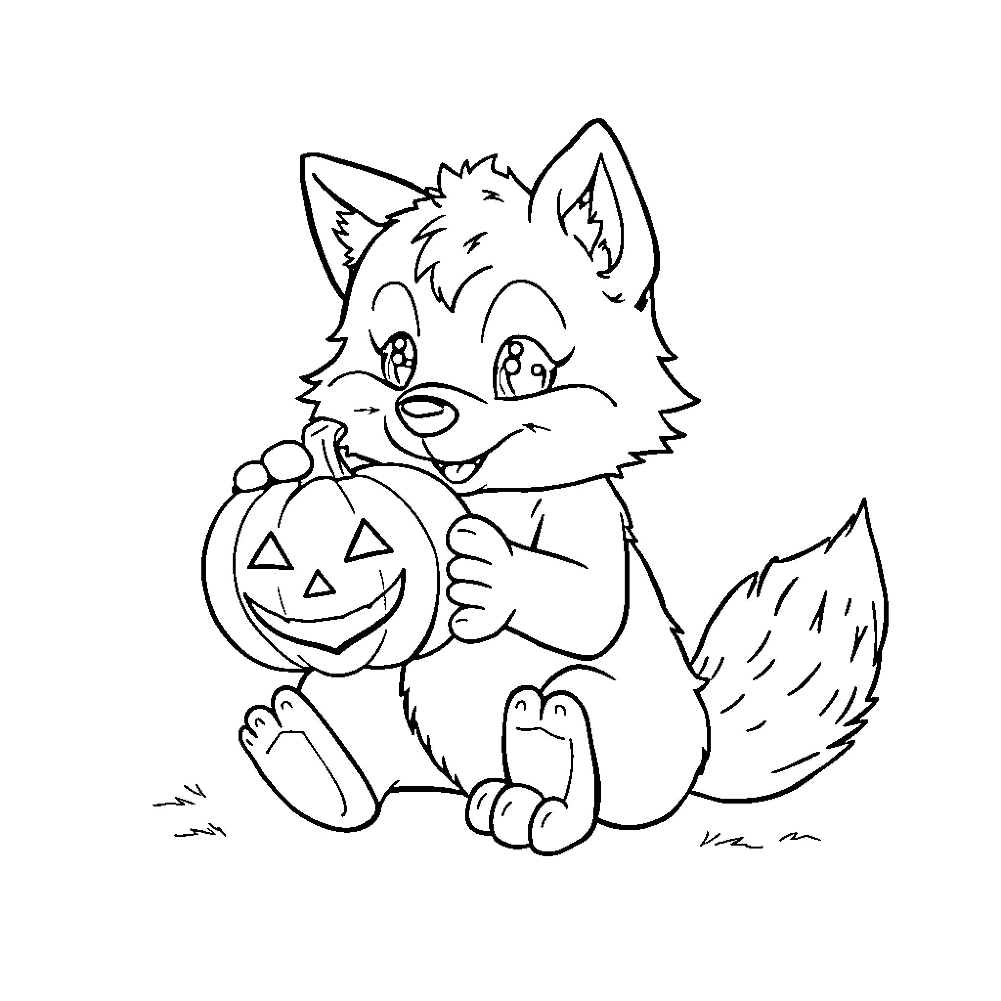 Werewolf with Halloween pumpkin basket Coloring Page (free black-and-white line drawing printable PDF for all, from beginners to advanced learners, including children, teens, adults, and seniors)