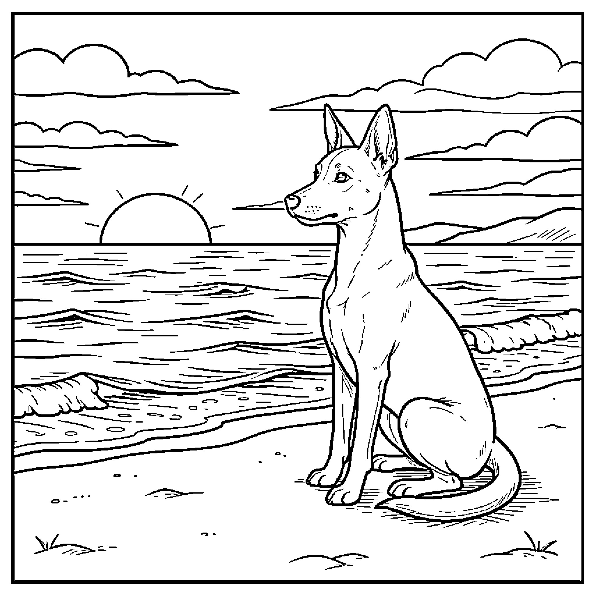 Basenji enjoying sunset by the seaside Coloring Page (free black-and-white line drawing printable PDF for all, from beginners to advanced learners, including children, teens, adults, and seniors)