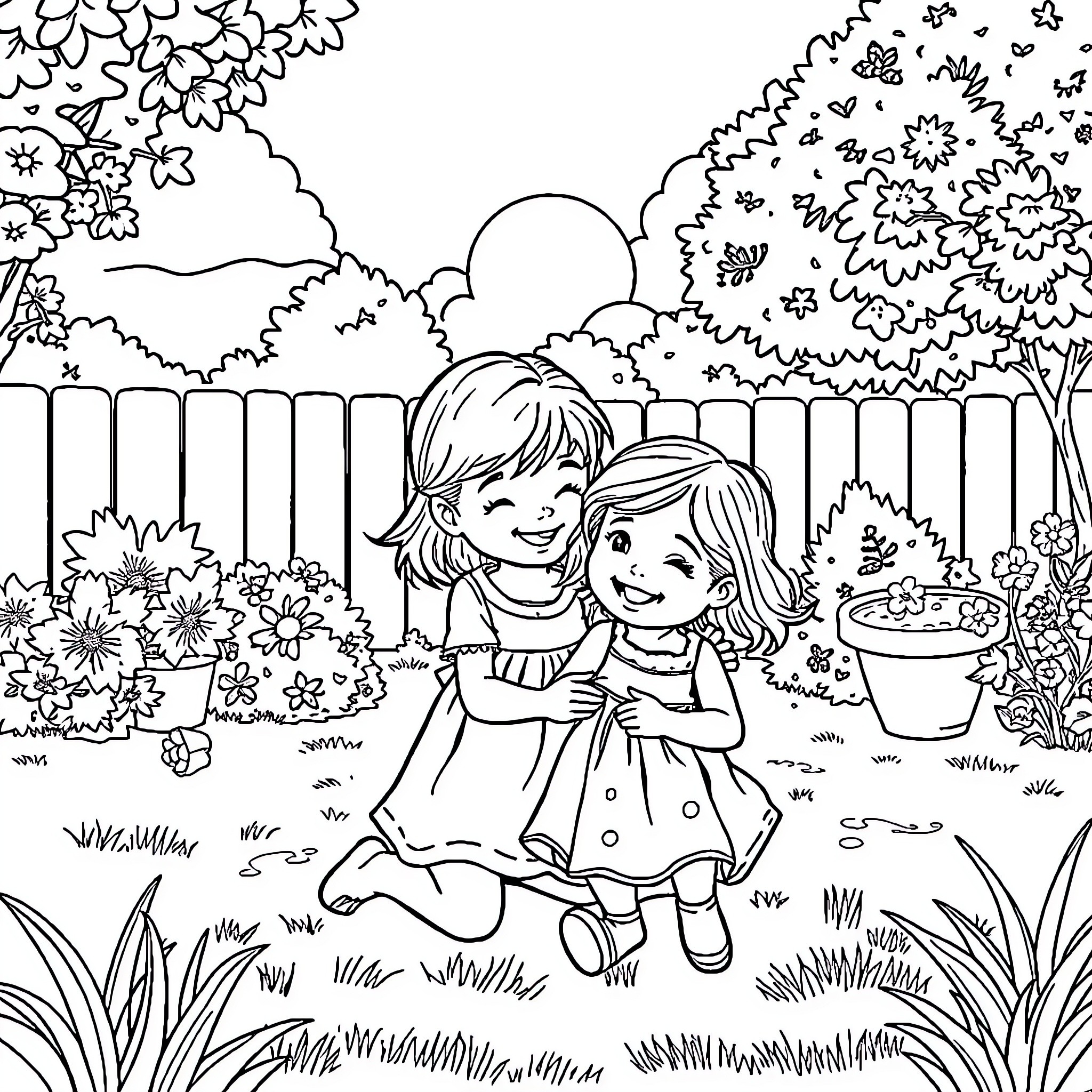 Sister's Joyful Embrace in the Garden Coloring Page (free black-and-white line drawing printable PDF for all, from beginners to advanced learners, including children, teens, adults, and seniors)