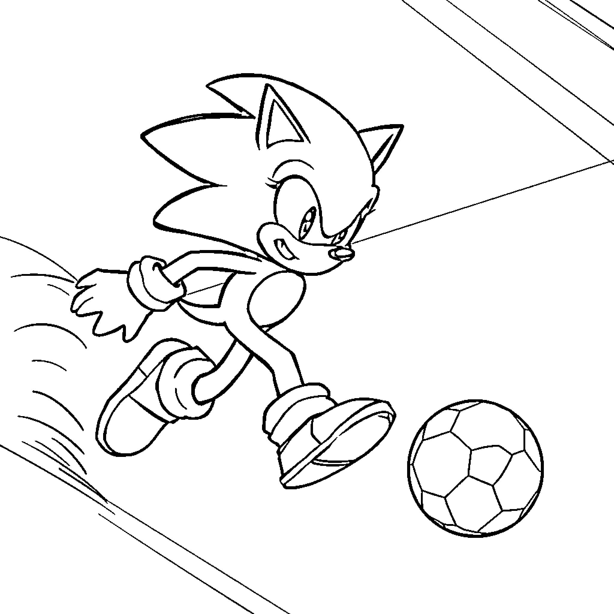 Sonic running and kicking a soccer ball Coloring Page (free black-and-white line drawing printable PDF for all, from beginners to advanced learners, including children, teens, adults, and seniors)