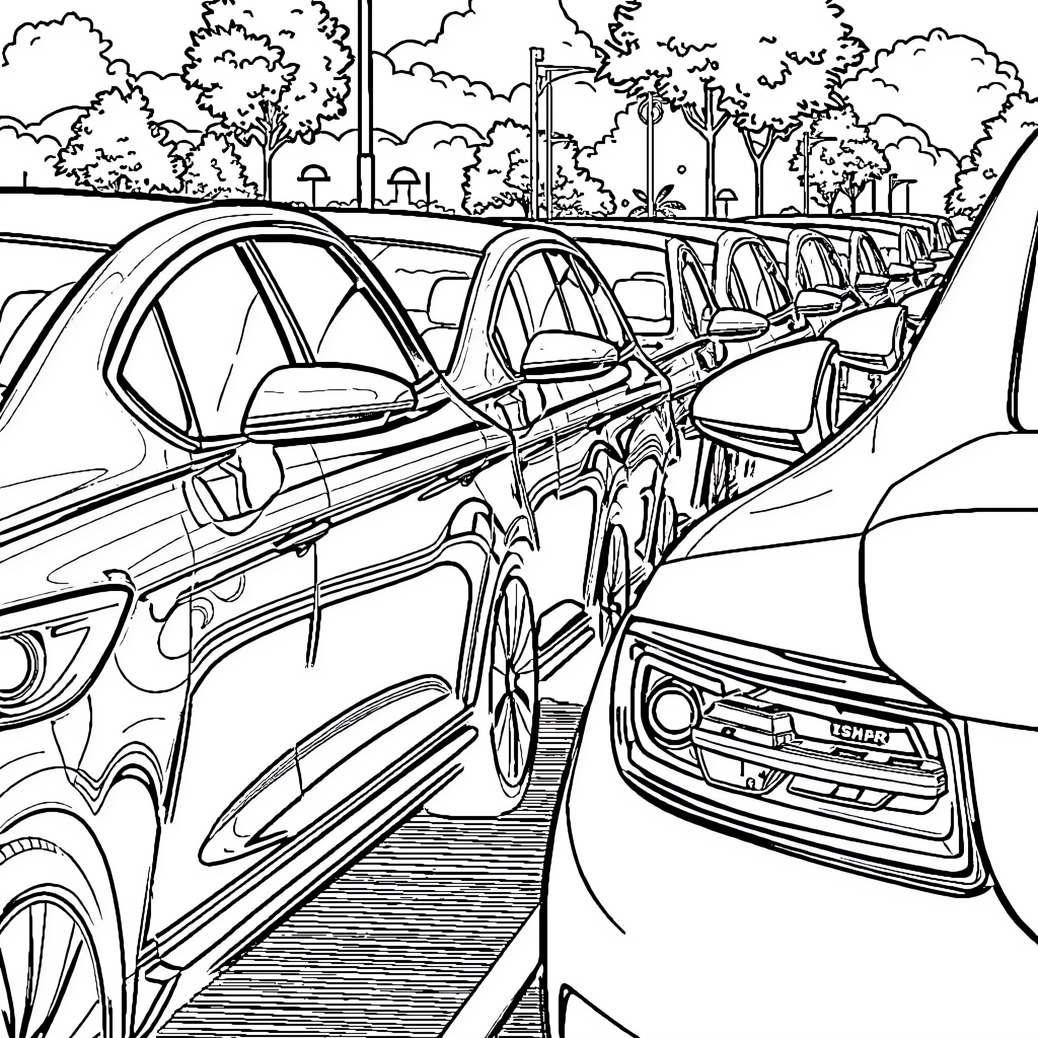 Car Traffic Jam on the Busy Road Coloring Page (free black-and-white line drawing printable PDF for all, from beginners to advanced learners, including children, teens, adults, and seniors)