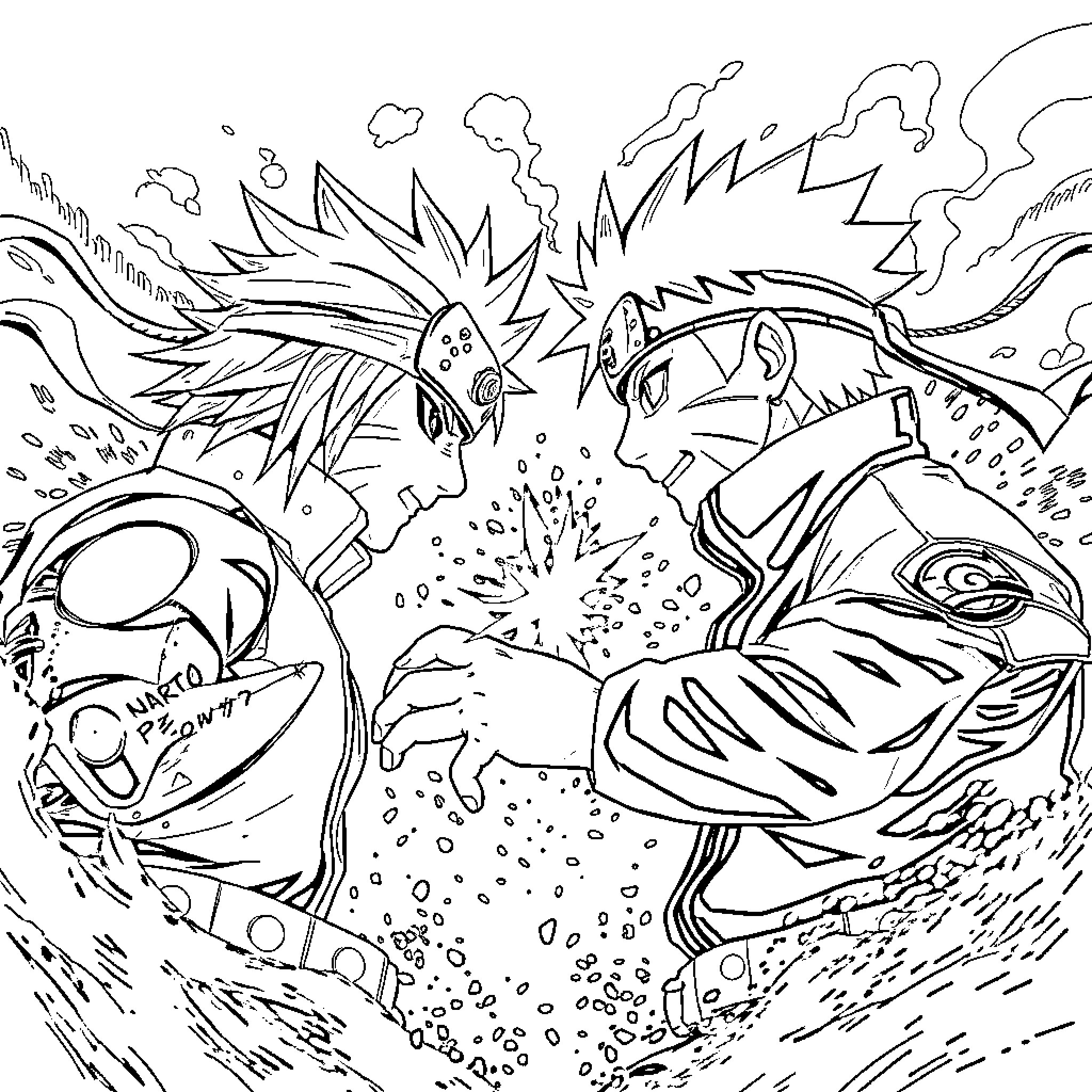 Noris Characters in Fierce Battle Encounter Coloring Page (free black-and-white line drawing printable PDF for all, from beginners to advanced learners, including children, teens, adults, and seniors)