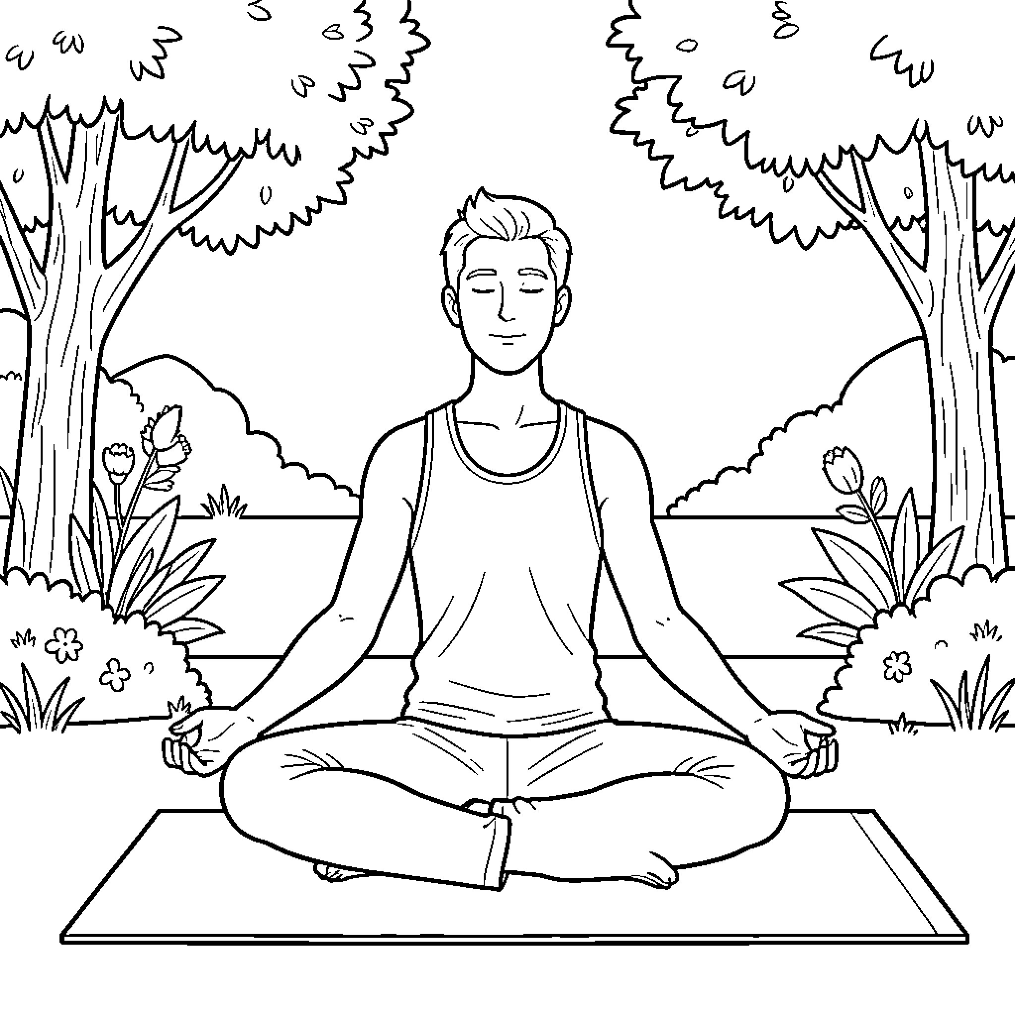 Yoga Man meditating peacefully in a nature setting Coloring Page (free black-and-white line drawing printable PDF for all, from beginners to advanced learners, including children, teens, adults, and seniors)