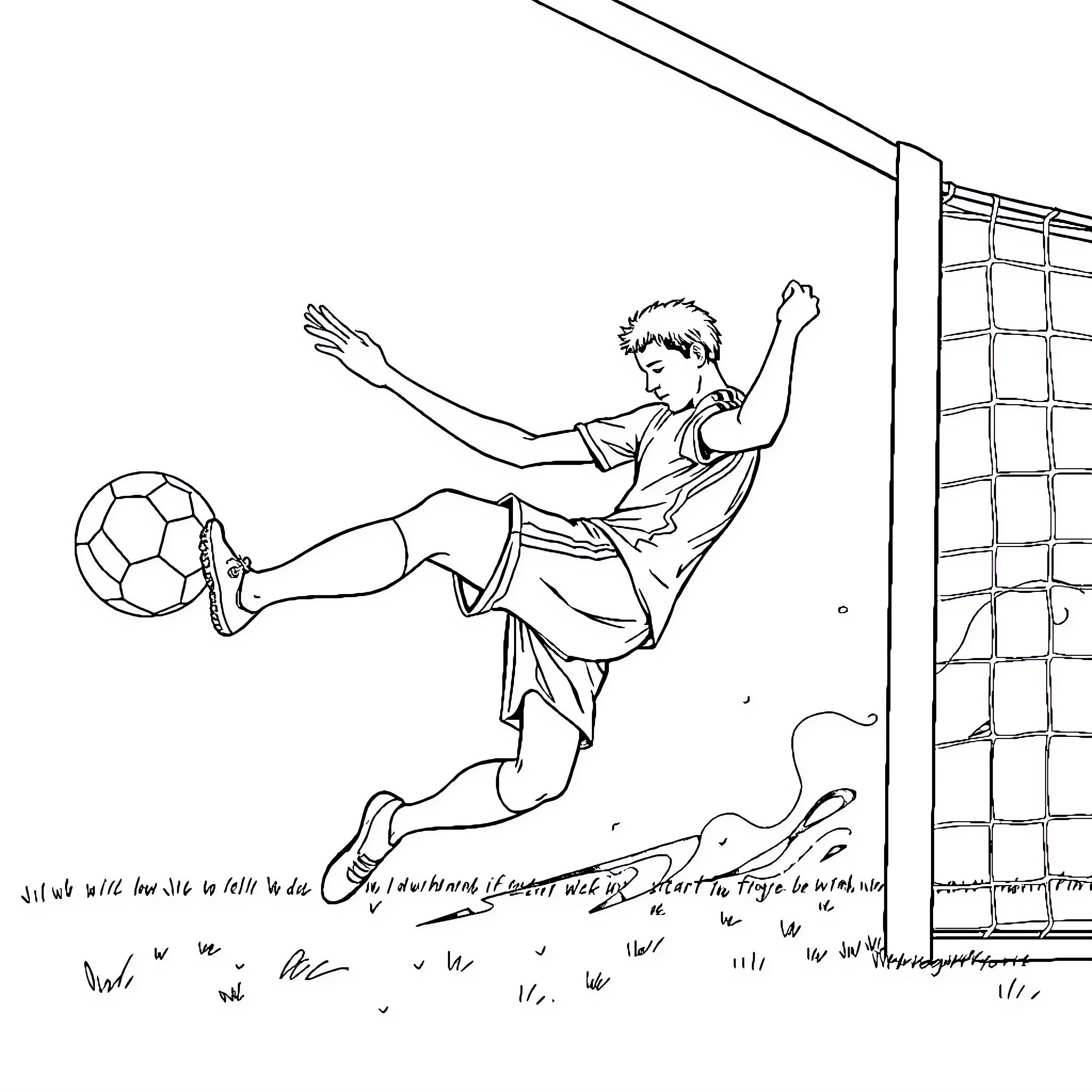 Soccer Player Kicking Ball in Acrobatic Dive Coloring Page (free black-and-white line drawing printable PDF for all, from beginners to advanced learners, including children, teens, adults, and seniors)