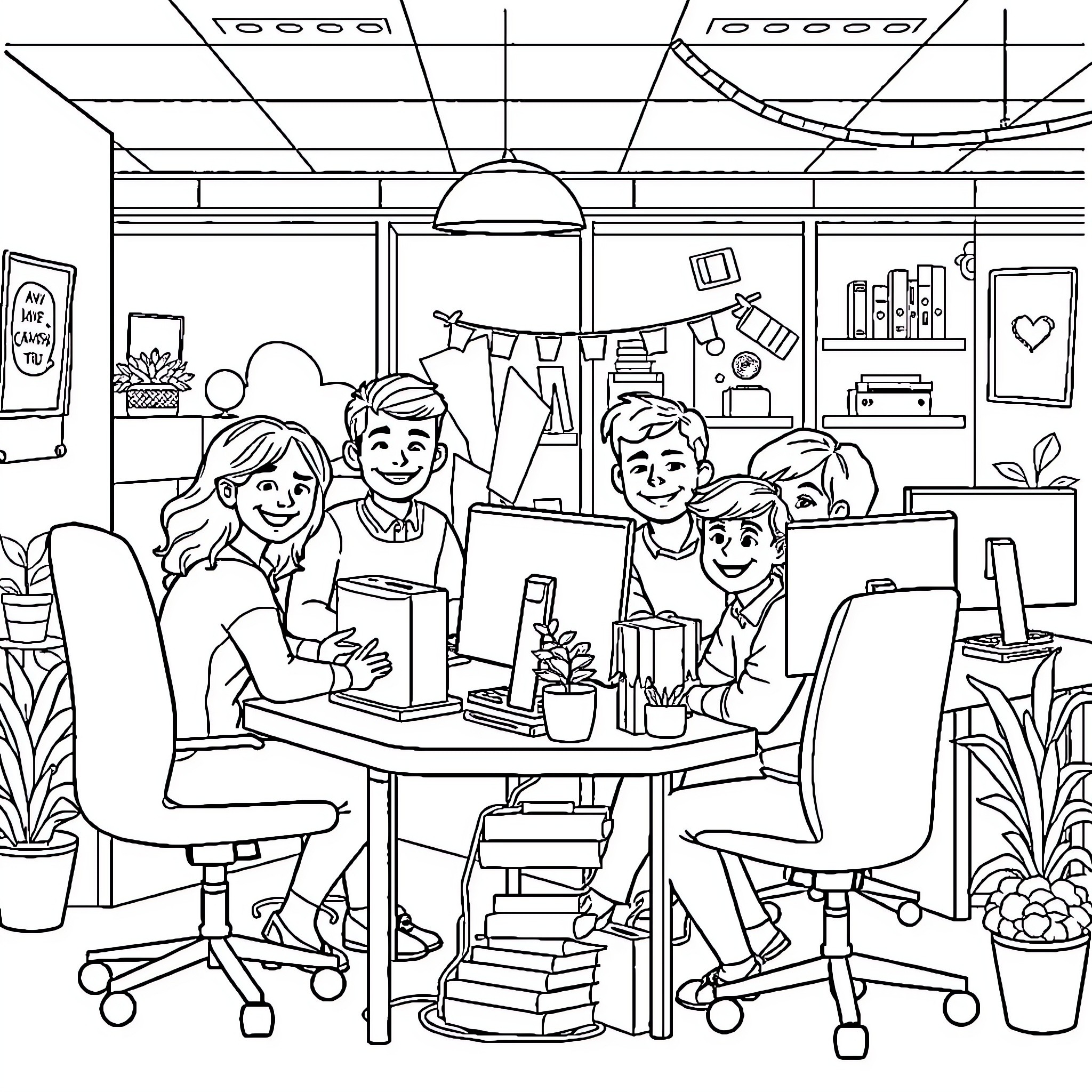 IT Service Desk Team Collaborating at Workspace Coloring Page (free black-and-white line drawing printable PDF for all, from beginners to advanced learners, including children, teens, adults, and seniors)