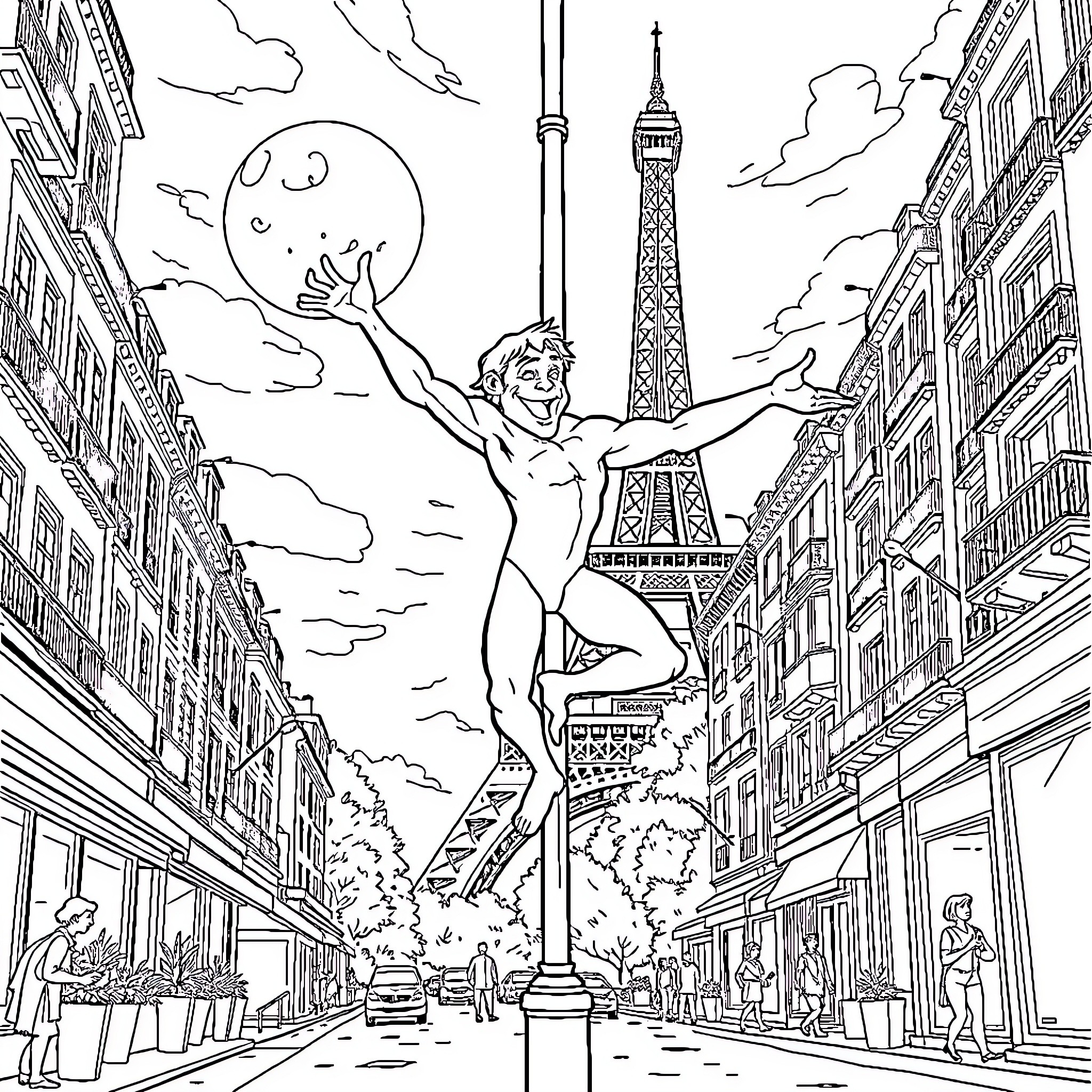 Tarzan swinging through the streets of Paris Coloring Page (free black-and-white line drawing printable PDF for all, from beginners to advanced learners, including children, teens, adults, and seniors)
