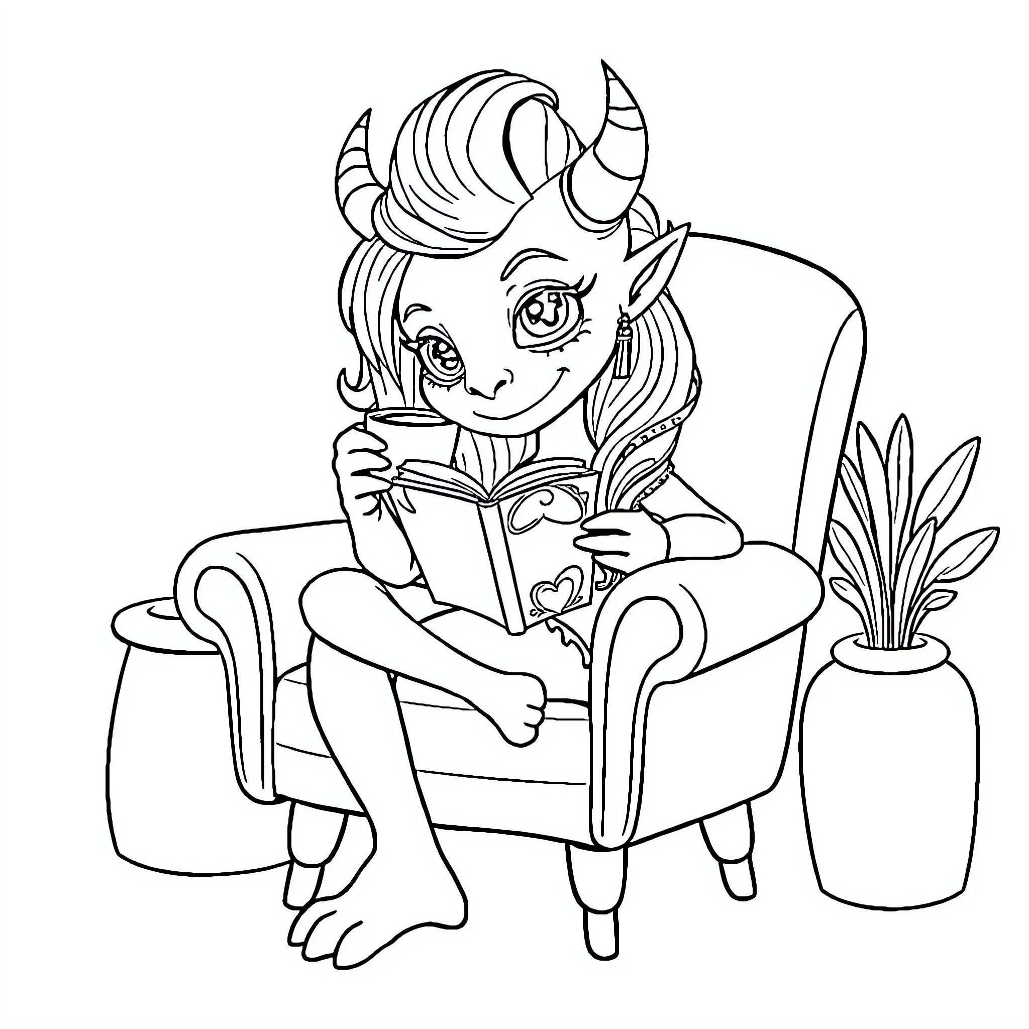 Monster Girl Reading a Book Happily Coloring Page (free black-and-white line drawing printable PDF for all, from beginners to advanced learners, including children, teens, adults, and seniors)