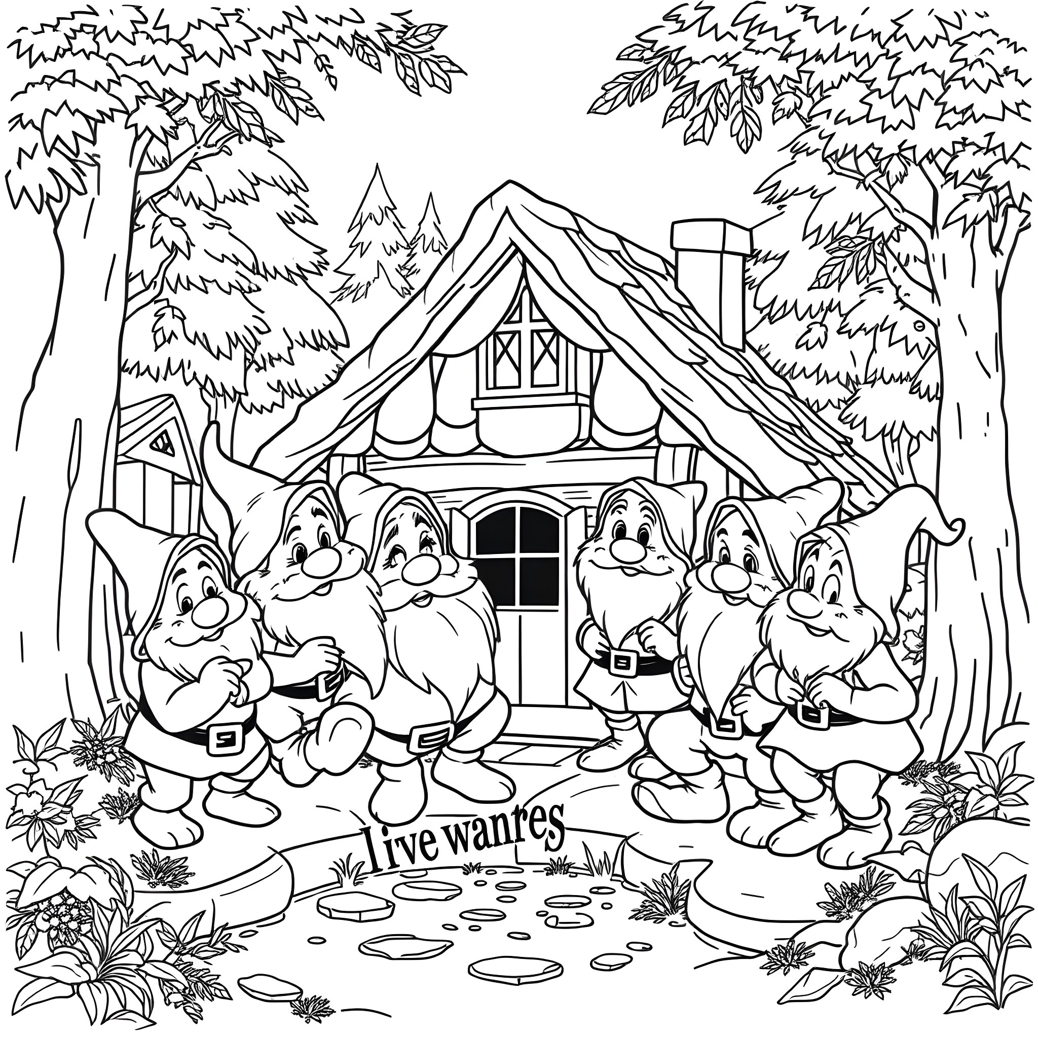 Dwarf dwarves gathered outside their cozy cabin in the woods Coloring Page (free black-and-white line drawing printable PDF for all, from beginners to advanced learners, including children, teens, adults, and seniors)