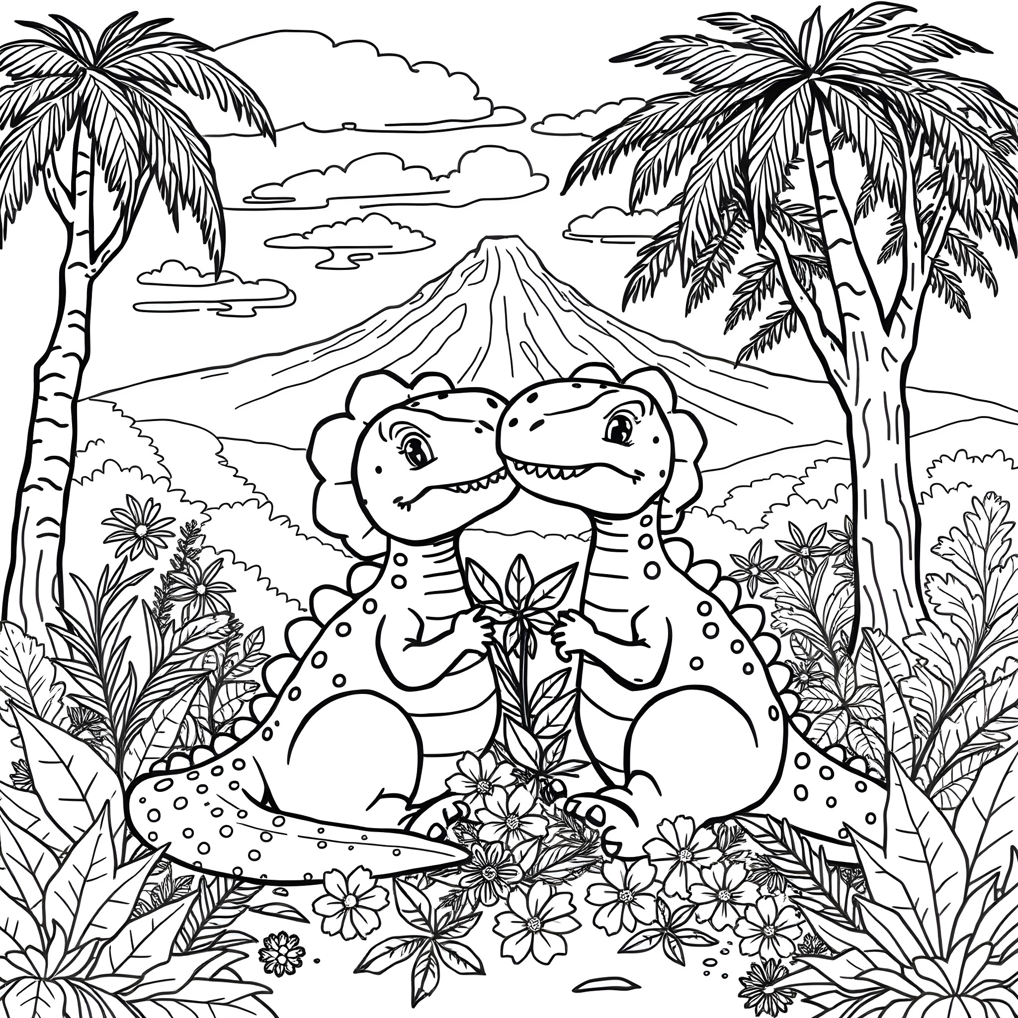 Dino Friends Explore Tropical Landscape Coloring Page (free black-and-white line drawing printable PDF for all, from beginners to advanced learners, including children, teens, adults, and seniors)
