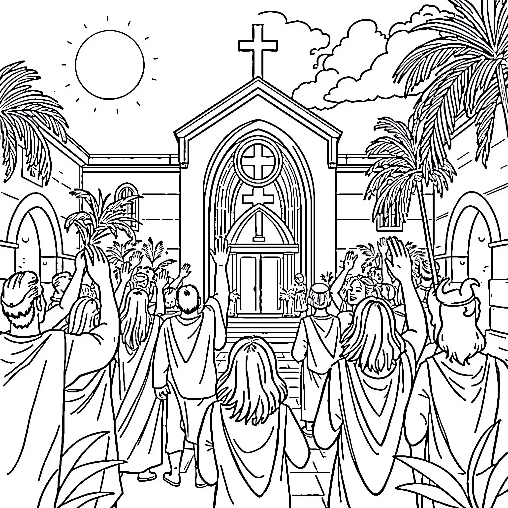 Palm people gathered around a church Coloring Page (free black-and-white line drawing printable PDF for all, from beginners to advanced learners, including children, teens, adults, and seniors)