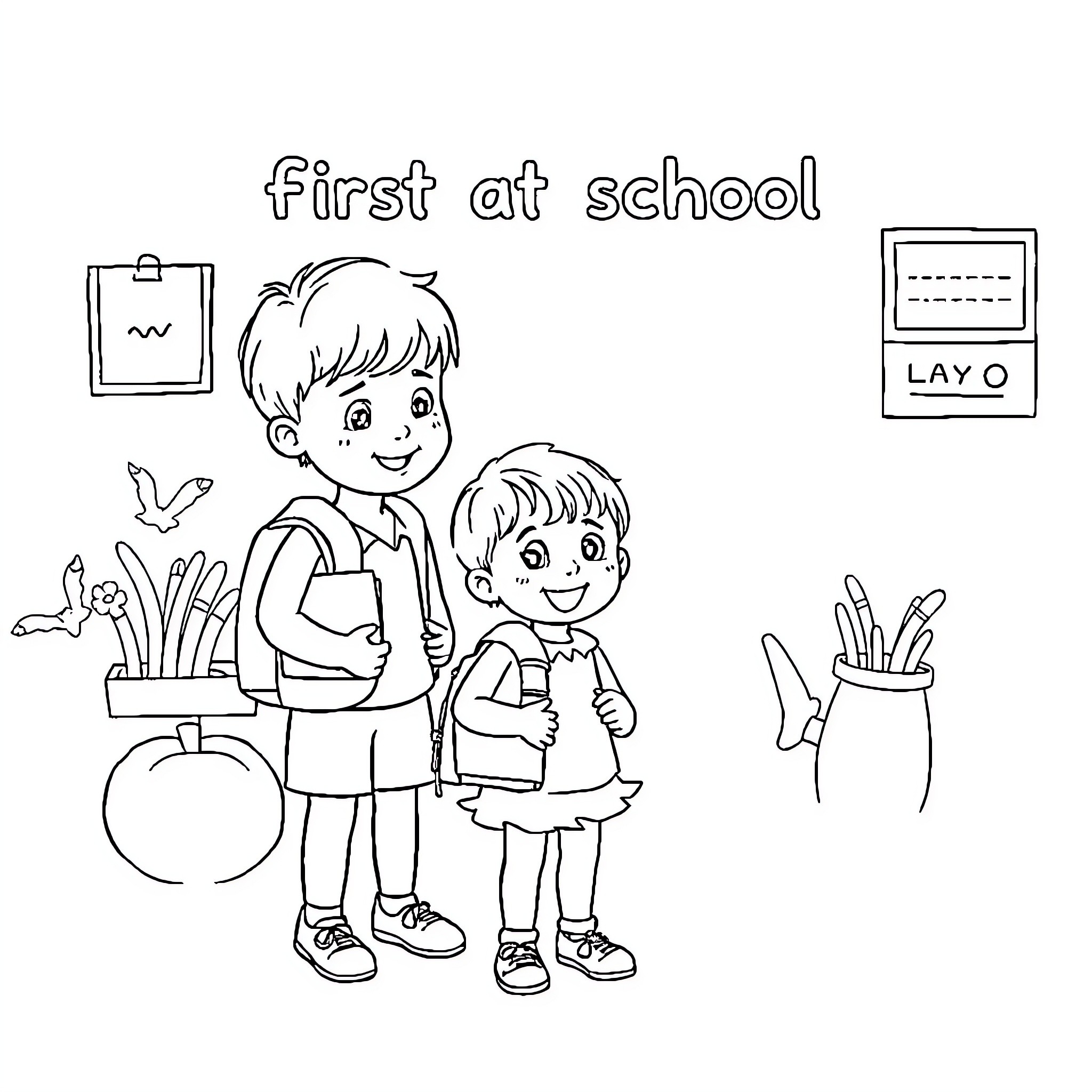 School Children's First Day Coloring Page (free black-and-white line drawing printable PDF for all, from beginners to advanced learners, including children, teens, adults, and seniors)