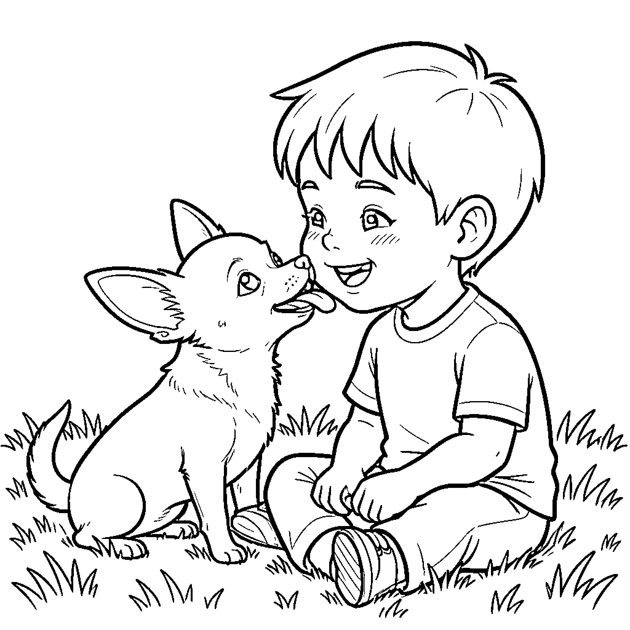 Chihuahua licking a happy young boy's face Coloring Page (free black-and-white line drawing printable PDF for all, from beginners to advanced learners, including children, teens, adults, and seniors)