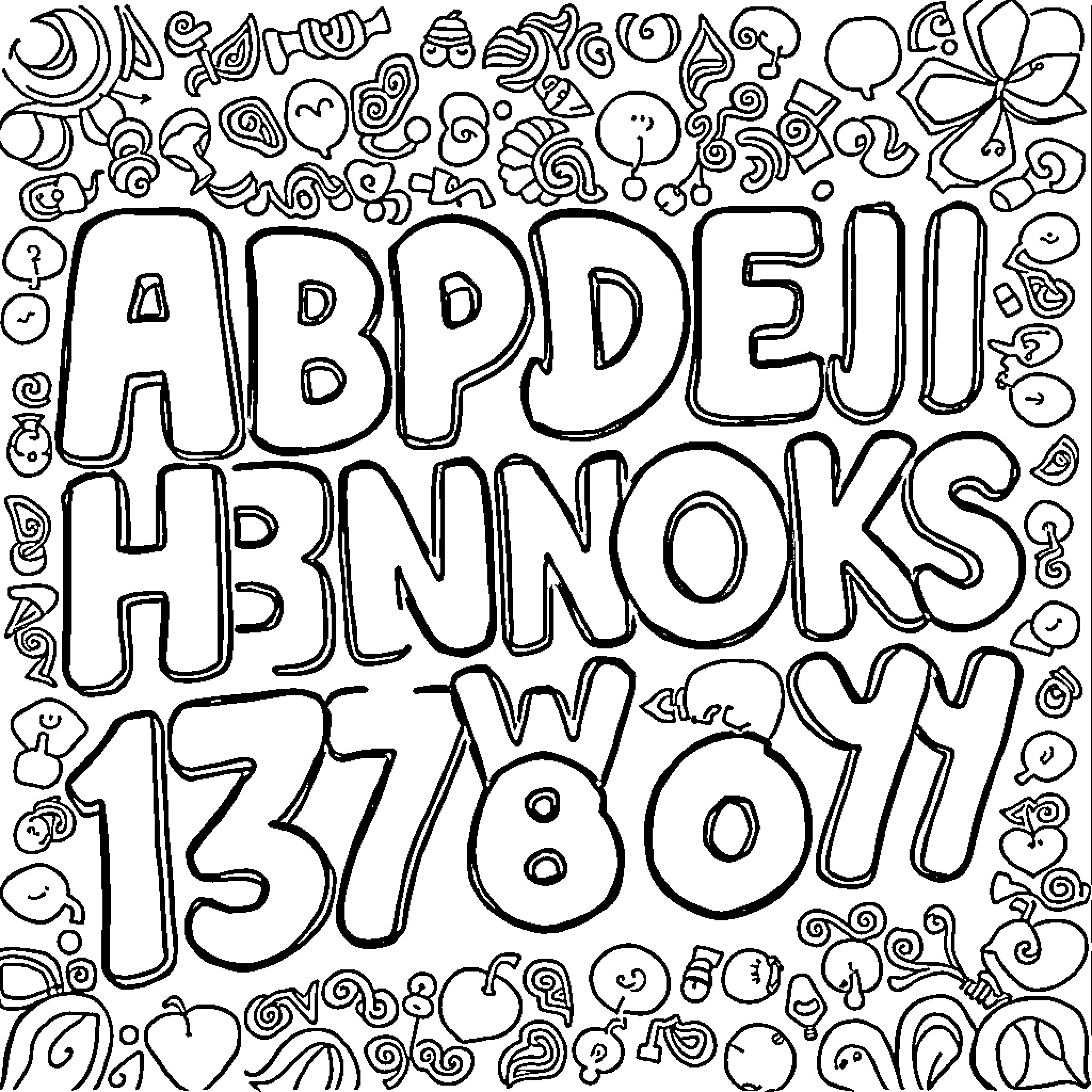 Alphabet Doodle with Whimsical Shapes and Patterns Coloring Page (free black-and-white line drawing printable PDF for all, from beginners to advanced learners, including children, teens, adults, and seniors)