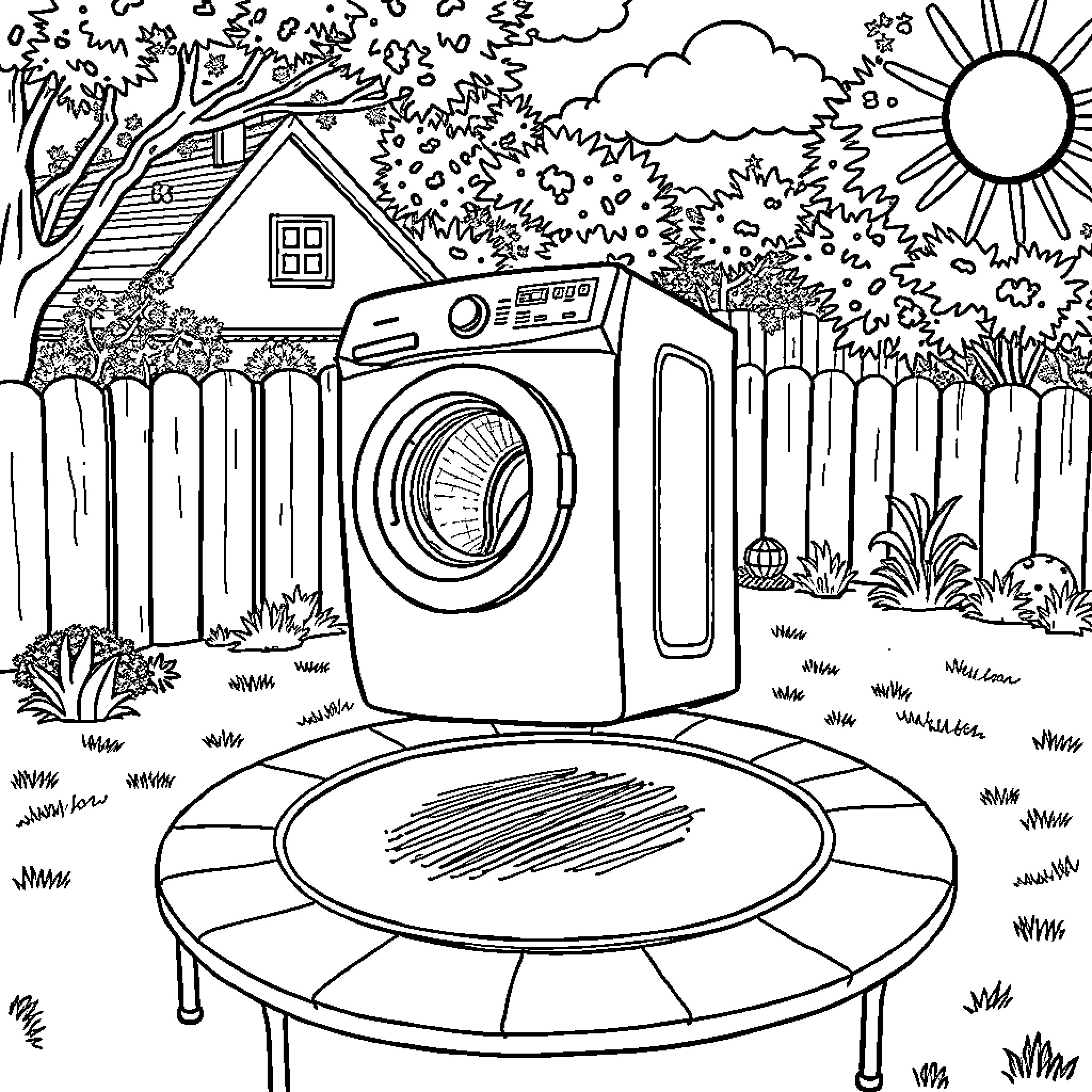 Washing Machine in a Lush Outdoor Landscape Coloring Page (free black-and-white line drawing printable PDF for all, from beginners to advanced learners, including children, teens, adults, and seniors)