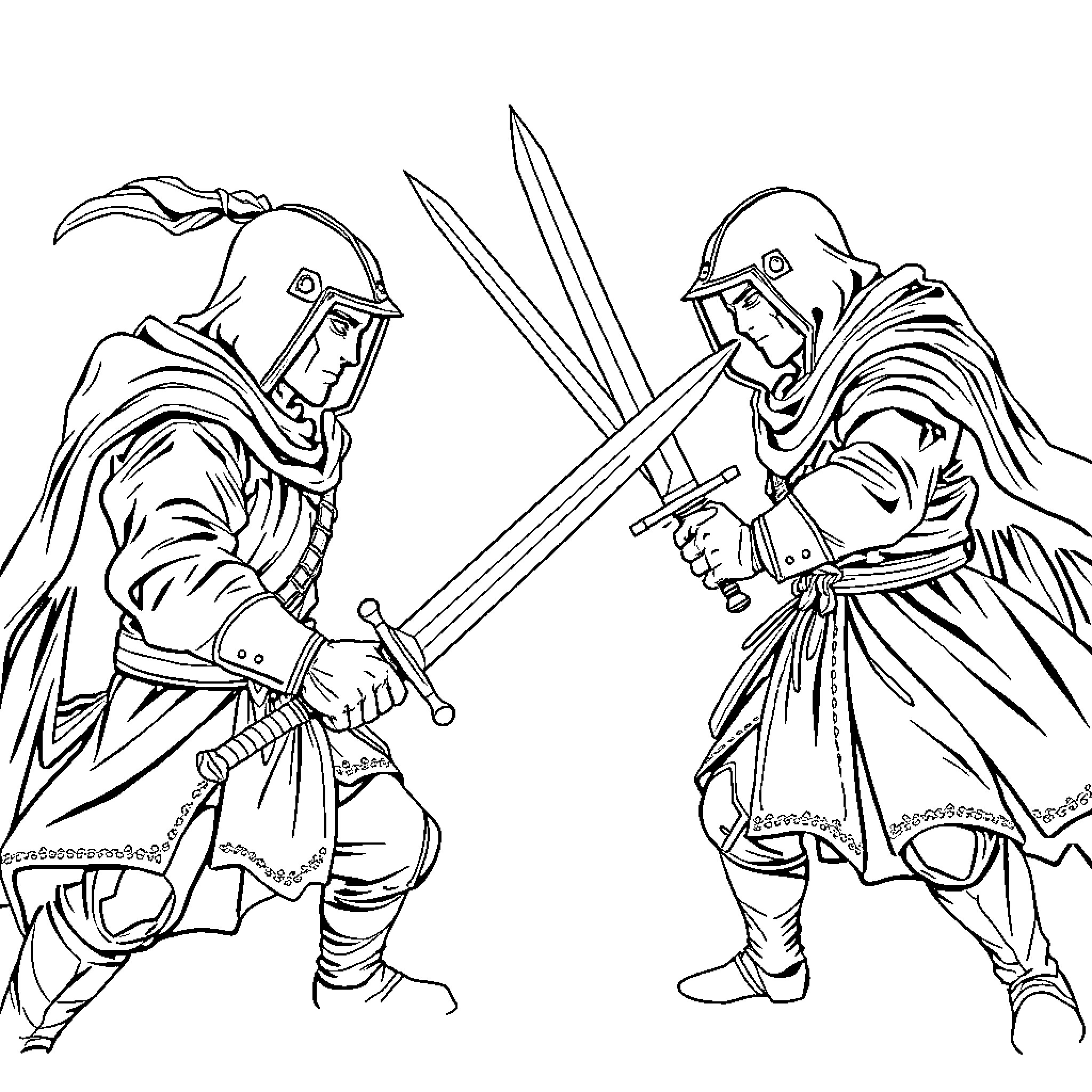 Sword-wielding warriors in fierce combat Coloring Page (free black-and-white line drawing printable PDF for all, from beginners to advanced learners, including children, teens, adults, and seniors)