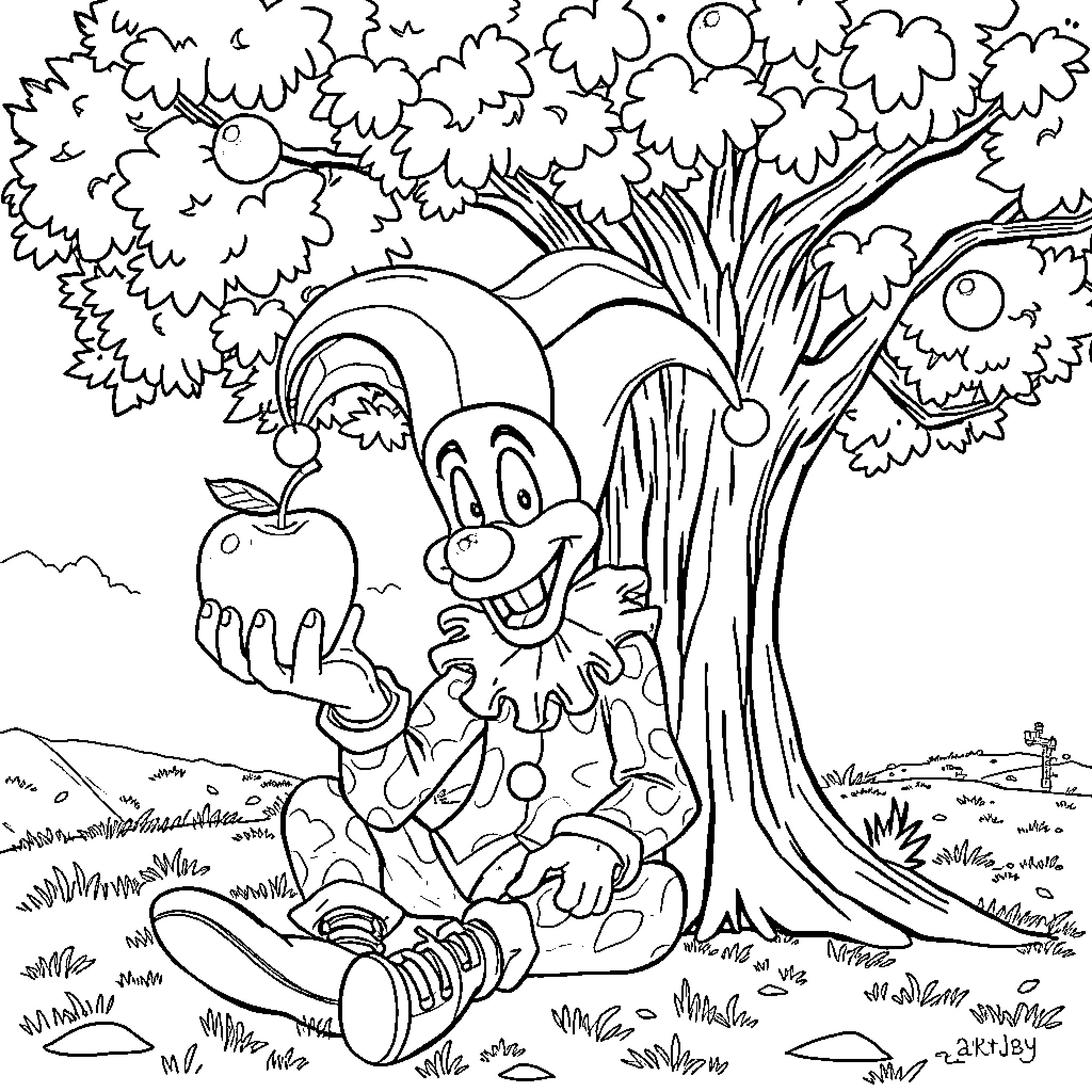Kefka the Cheerful Clown in Whimsical Forest Scene Coloring Page (free black-and-white line drawing printable PDF for all, from beginners to advanced learners, including children, teens, adults, and seniors)