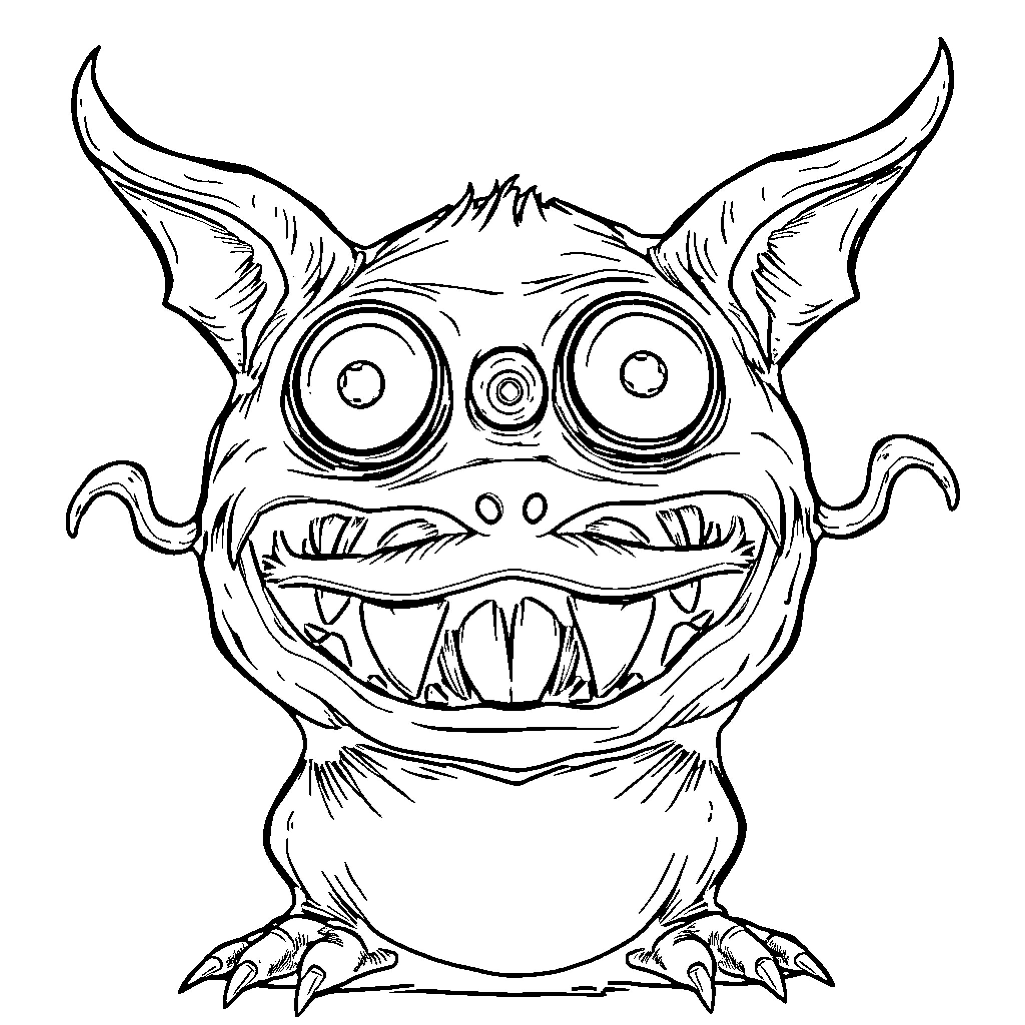 Monster making a silly face with wide eyes and sharp teeth Coloring Page (free black-and-white line drawing printable PDF for all, from beginners to advanced learners, including children, teens, adults, and seniors)