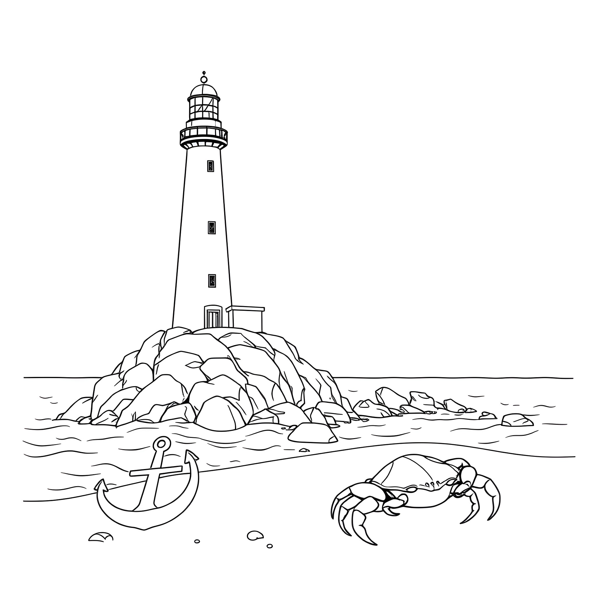 Lighthouse on rocky coast with anchor and crab Coloring Page (free black-and-white line drawing printable PDF for all, from beginners to advanced learners, including children, teens, adults, and seniors)