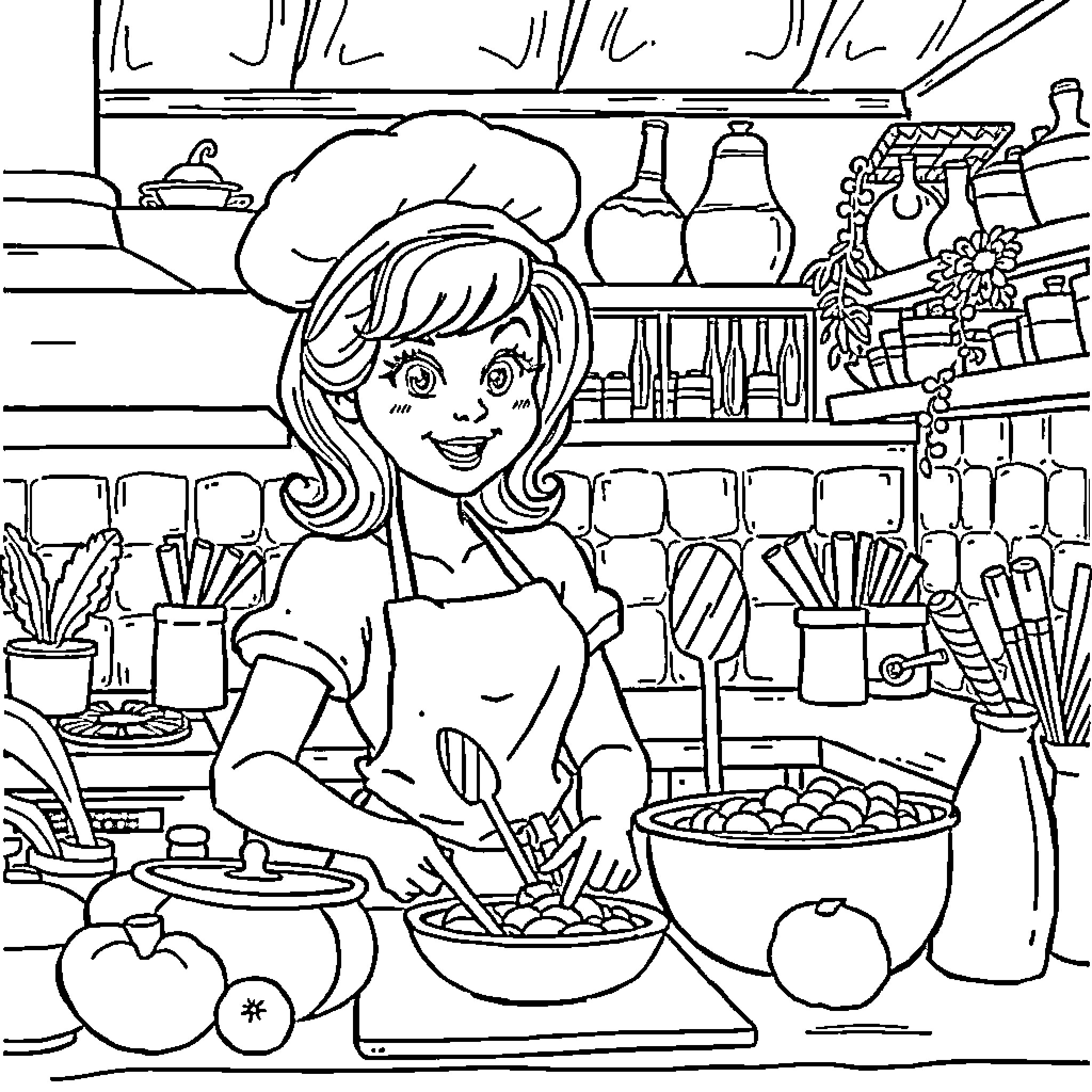 Barbie Cooking in the Kitchen Coloring Page (free black-and-white line drawing printable PDF for all, from beginners to advanced learners, including children, teens, adults, and seniors)