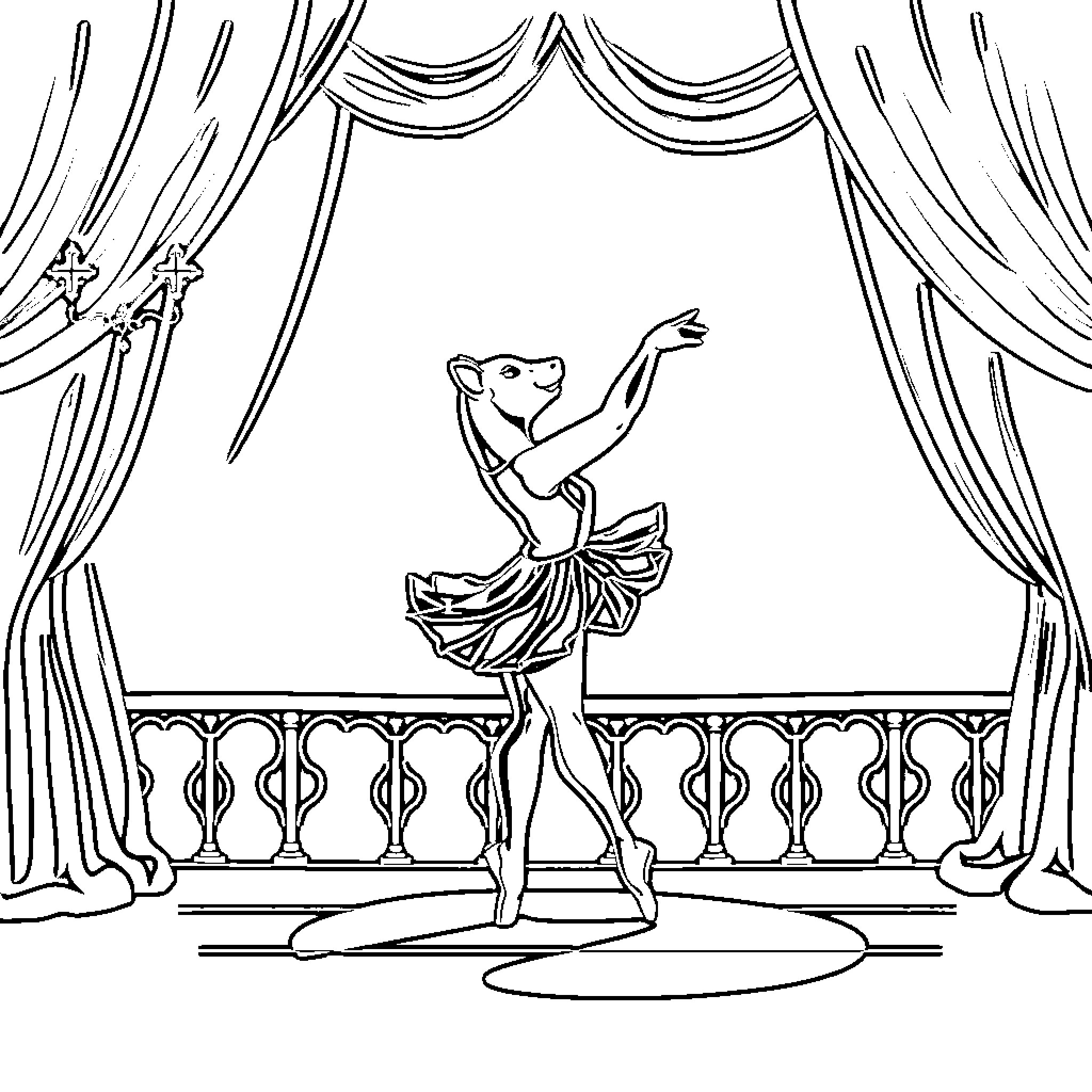 Capybara ballet dancer on stage Coloring Page (free black-and-white line drawing printable PDF for all, from beginners to advanced learners, including children, teens, adults, and seniors)