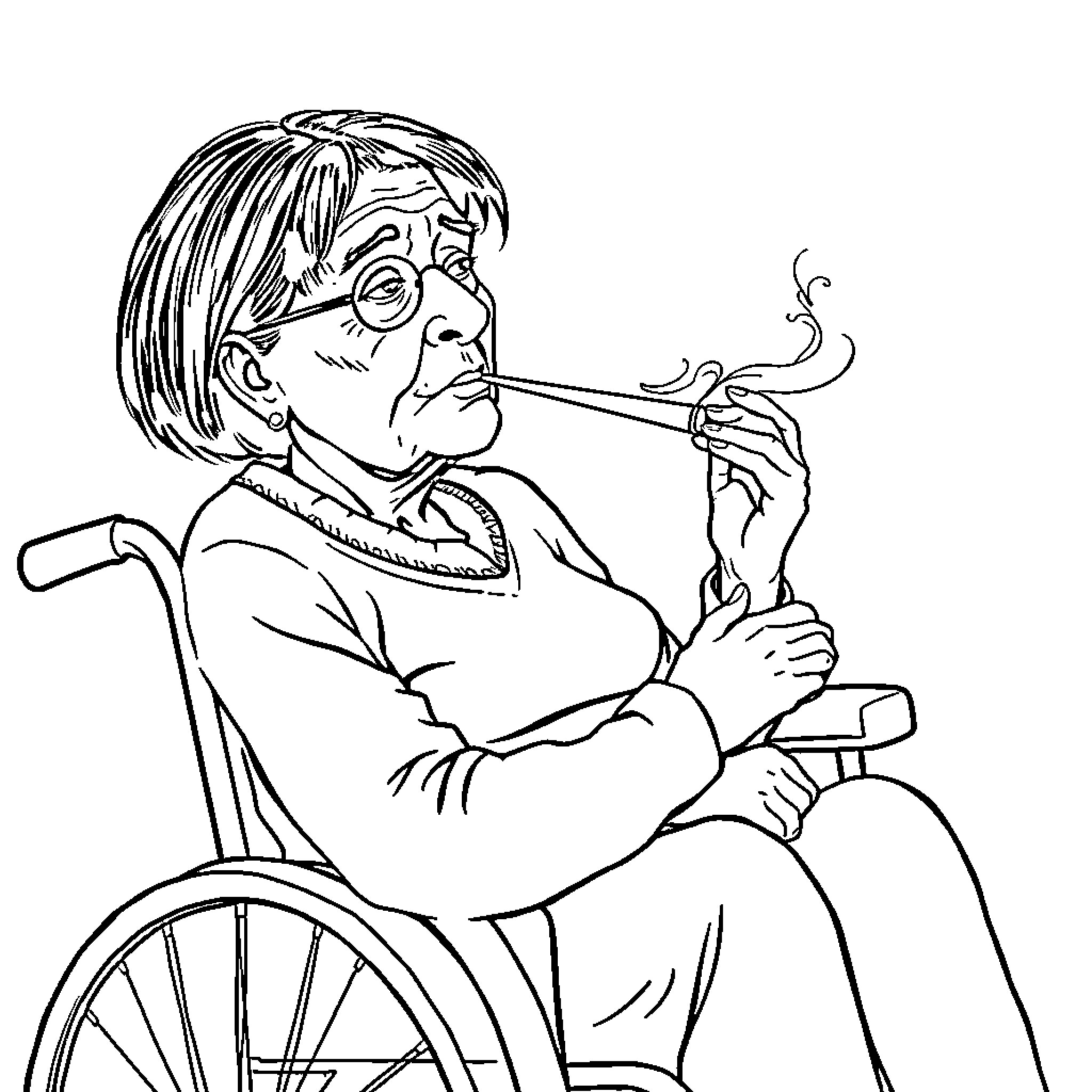 Lady Smoking Pipe in Wheelchair Coloring Page (free black-and-white line drawing printable PDF for all, from beginners to advanced learners, including children, teens, adults, and seniors)