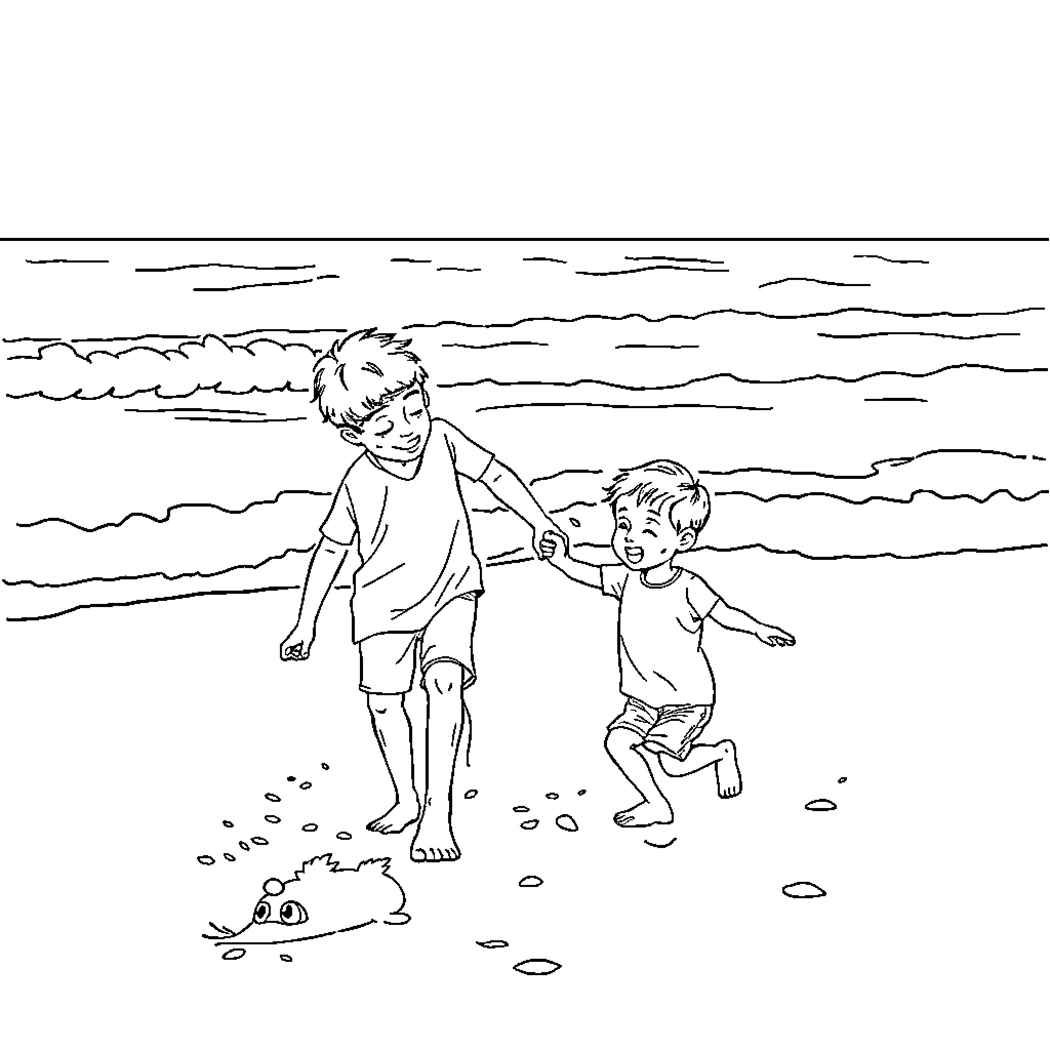 Father and Son Walking Together on Beach Coloring Page (free black-and-white line drawing printable PDF for all, from beginners to advanced learners, including children, teens, adults, and seniors)