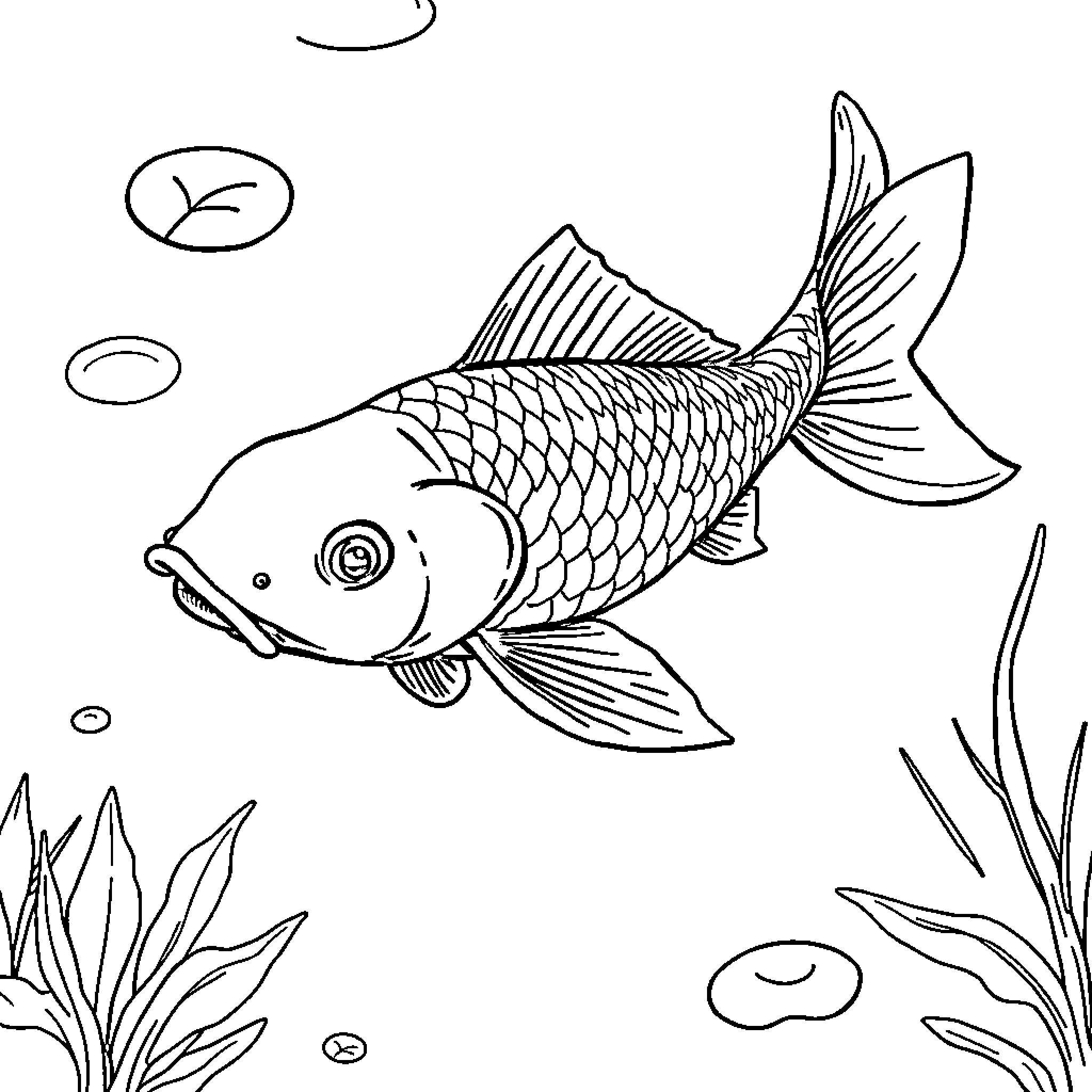 Carp swimming elegantly among underwater plants Coloring Page (free black-and-white line drawing printable PDF for all, from beginners to advanced learners, including children, teens, adults, and seniors)